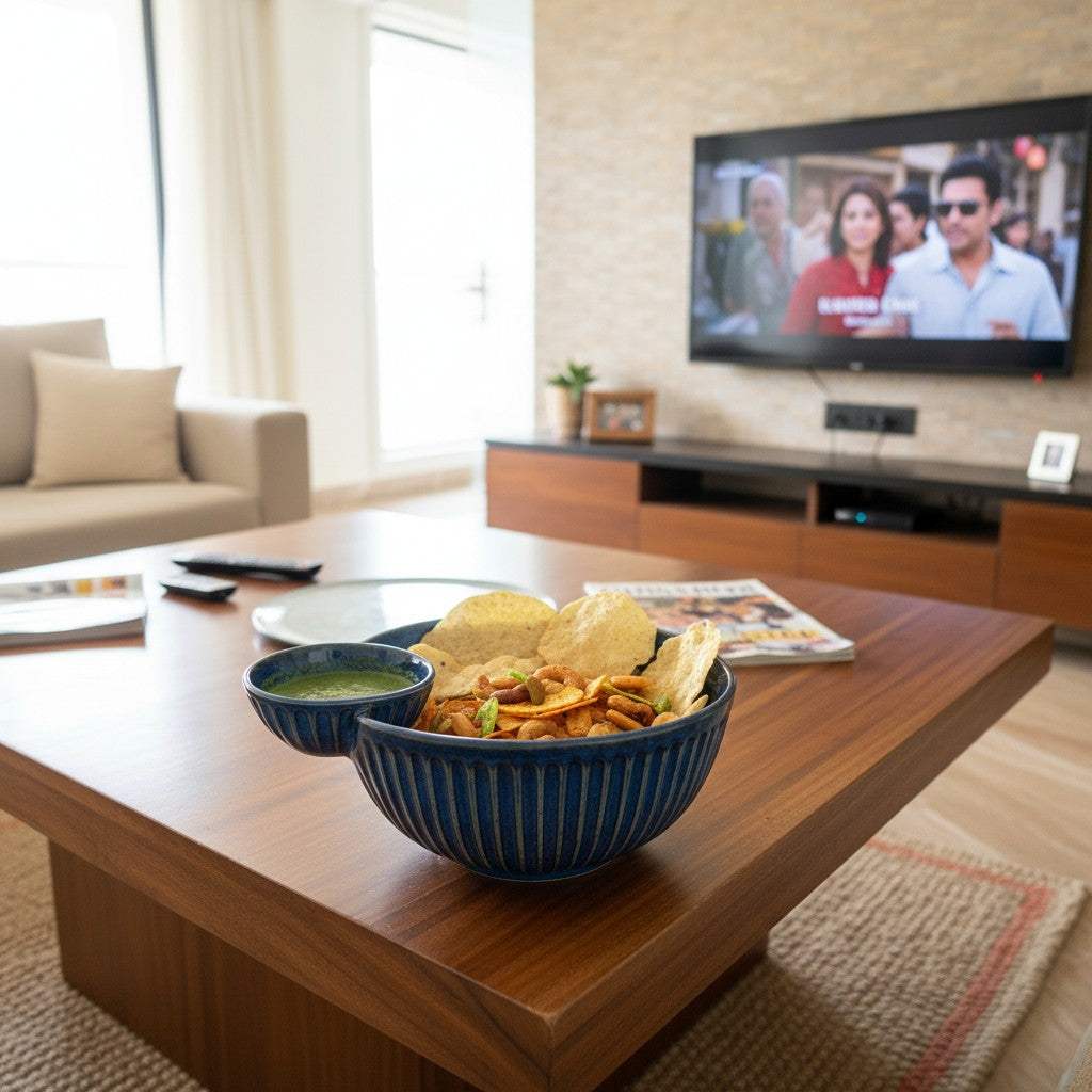 The hand-finished Navy Ridge ceramic appetizer bowl styled beautifully as a  housewarming gift.