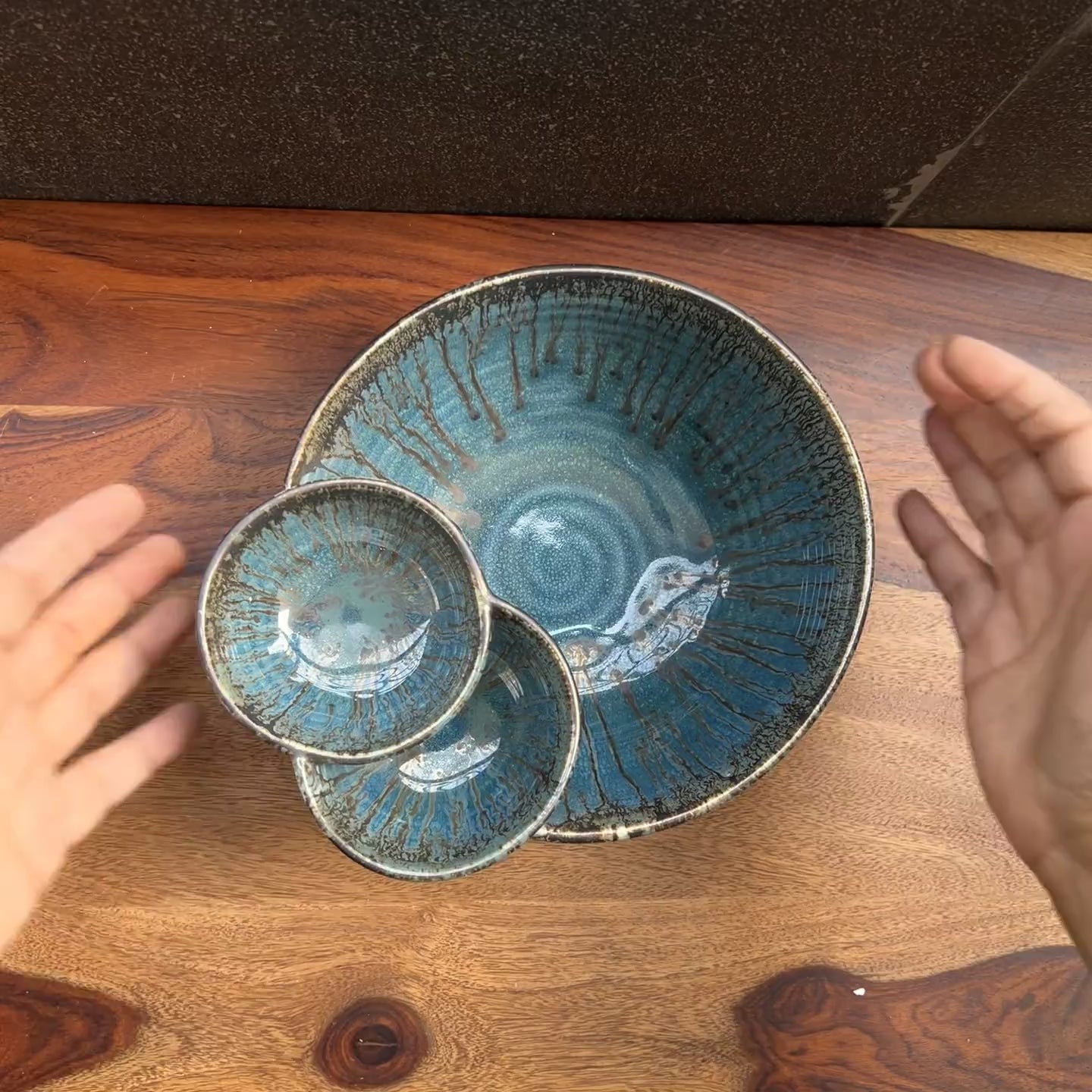 Product video of blue chip and double dip bowl in ceramics.