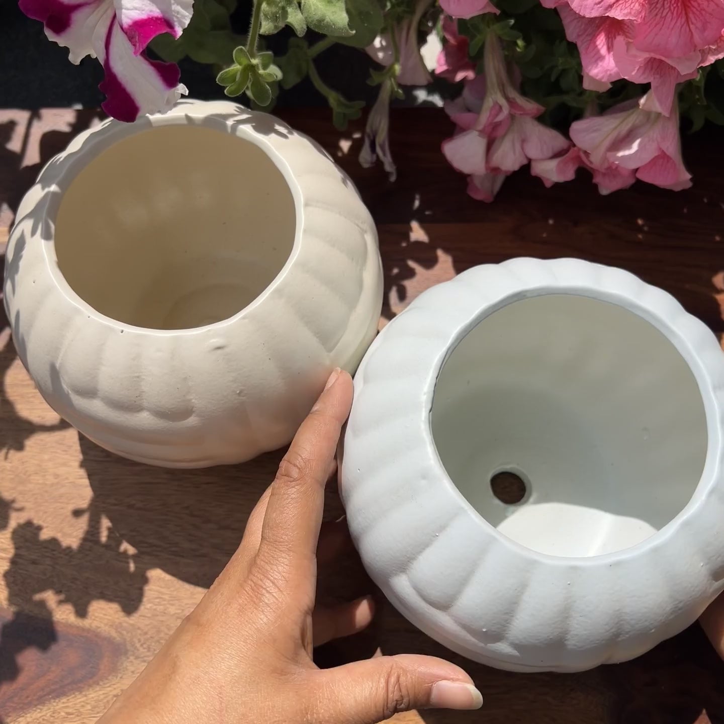 Product video of chic cloud planters; showing the blue and white matte finish with woven texture.