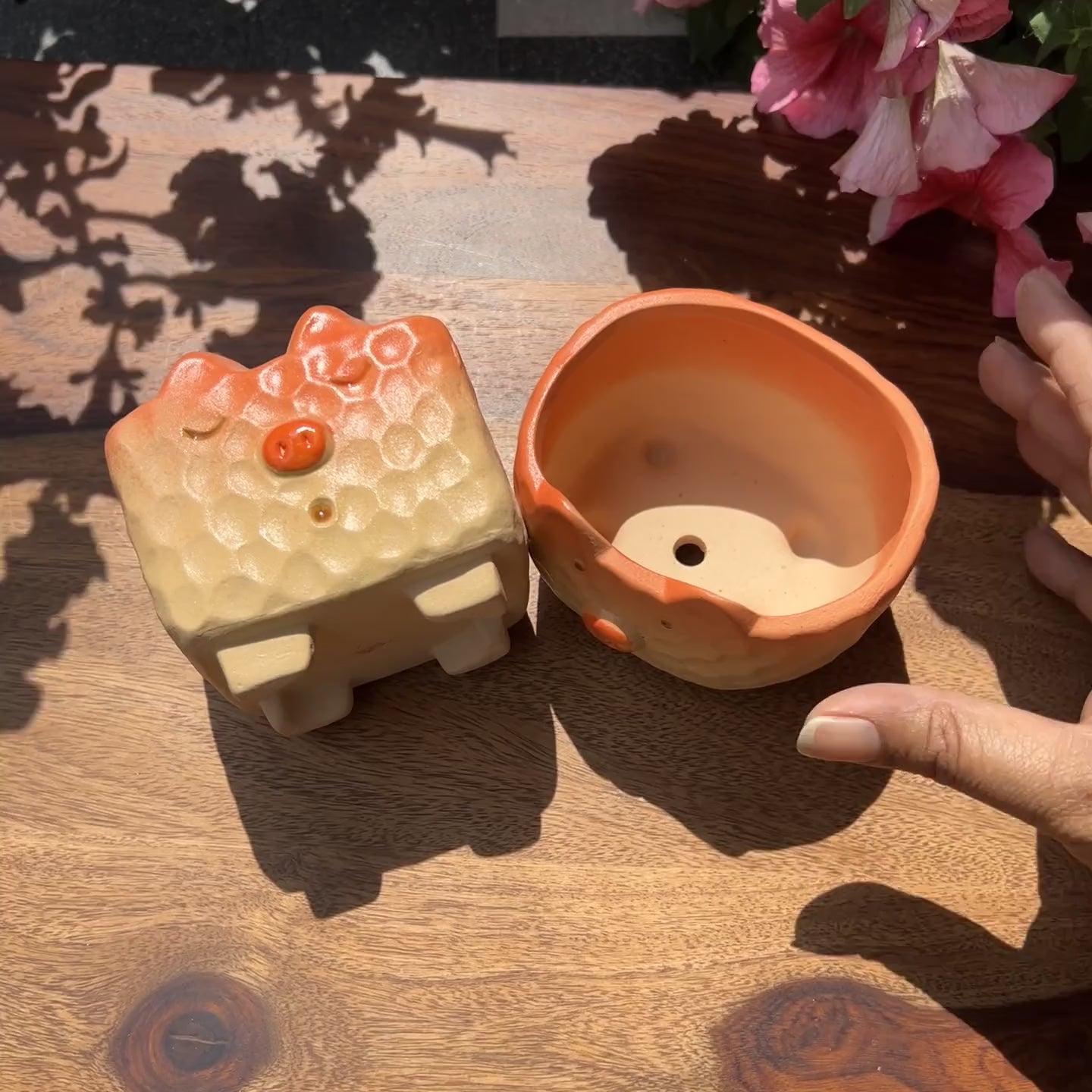 Product video of snuggle snout planters showing the ombre orange-yellow texture and the cute pig faces.