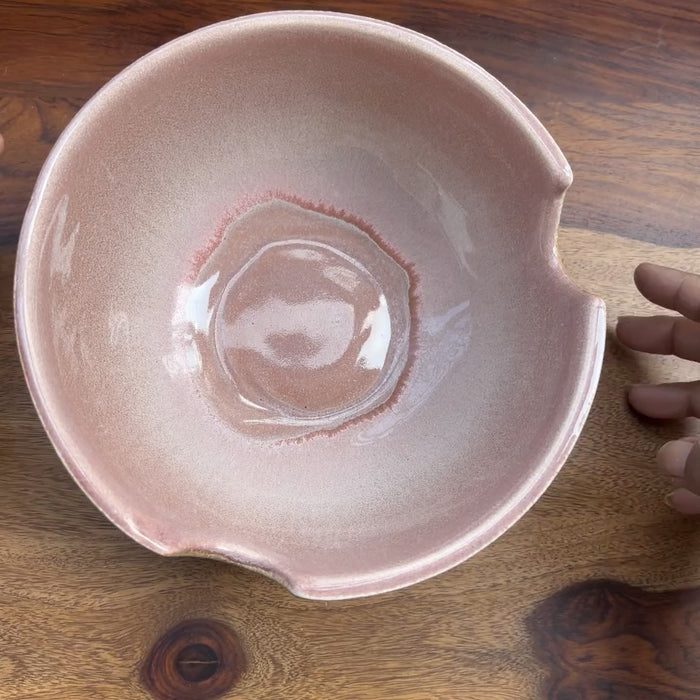 Product video of pink ramen bowl with chopstick holders in ceramics.