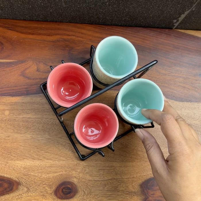 Product video of white matte tea glasses and tea metal stand - set of 4.