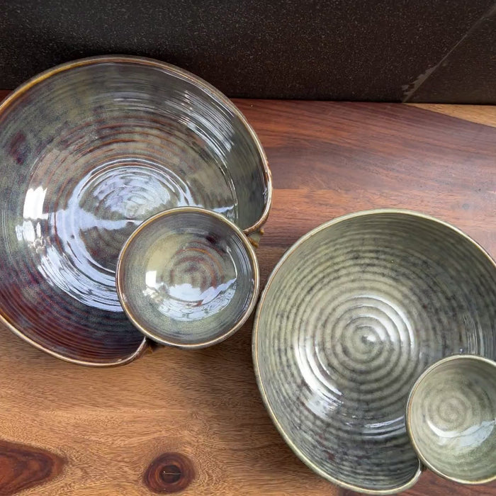 Product video of a green ceramic chip and dip bowl.
