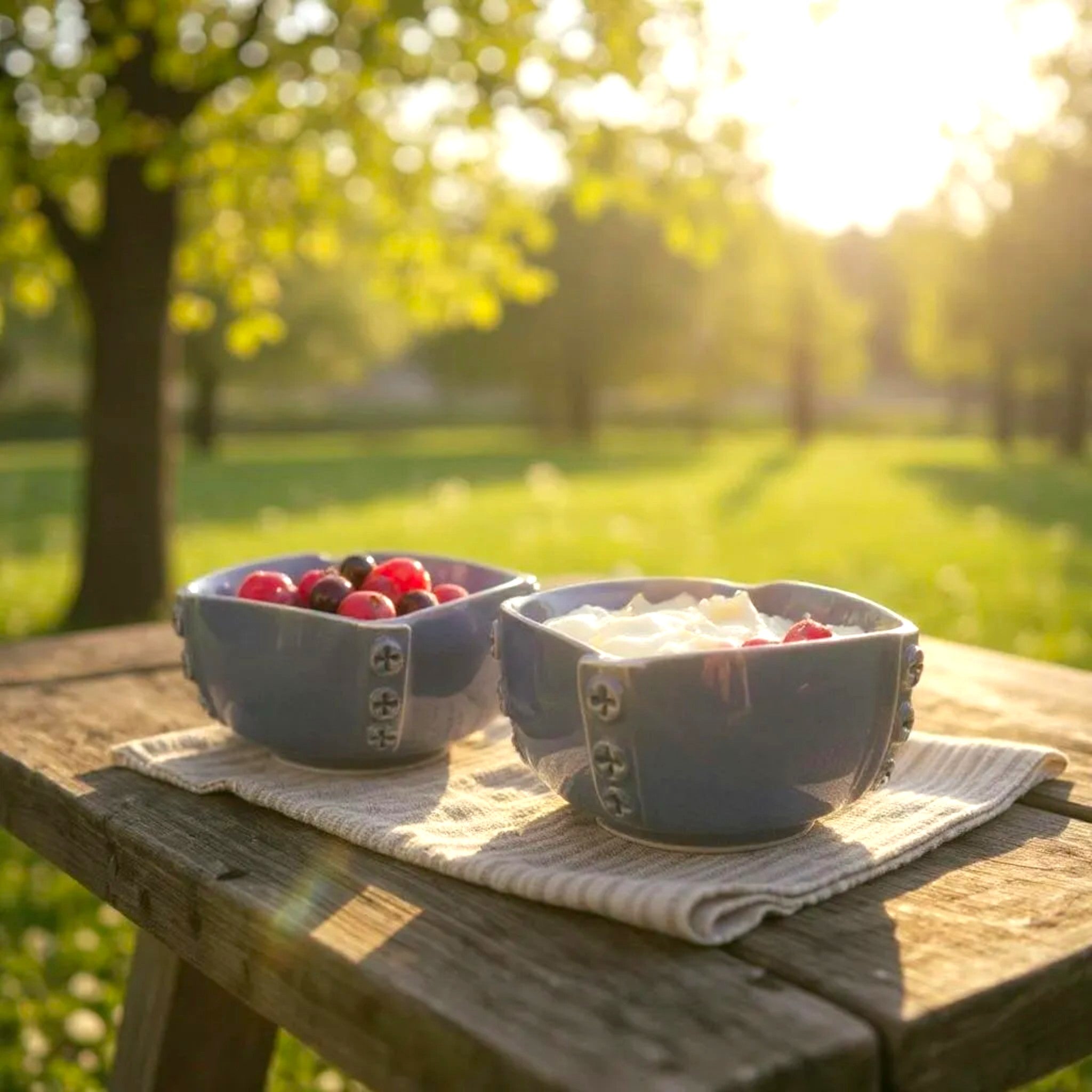 Two purple ceramic bowls of fruit on a wooden table outdoors with a blurred natural background