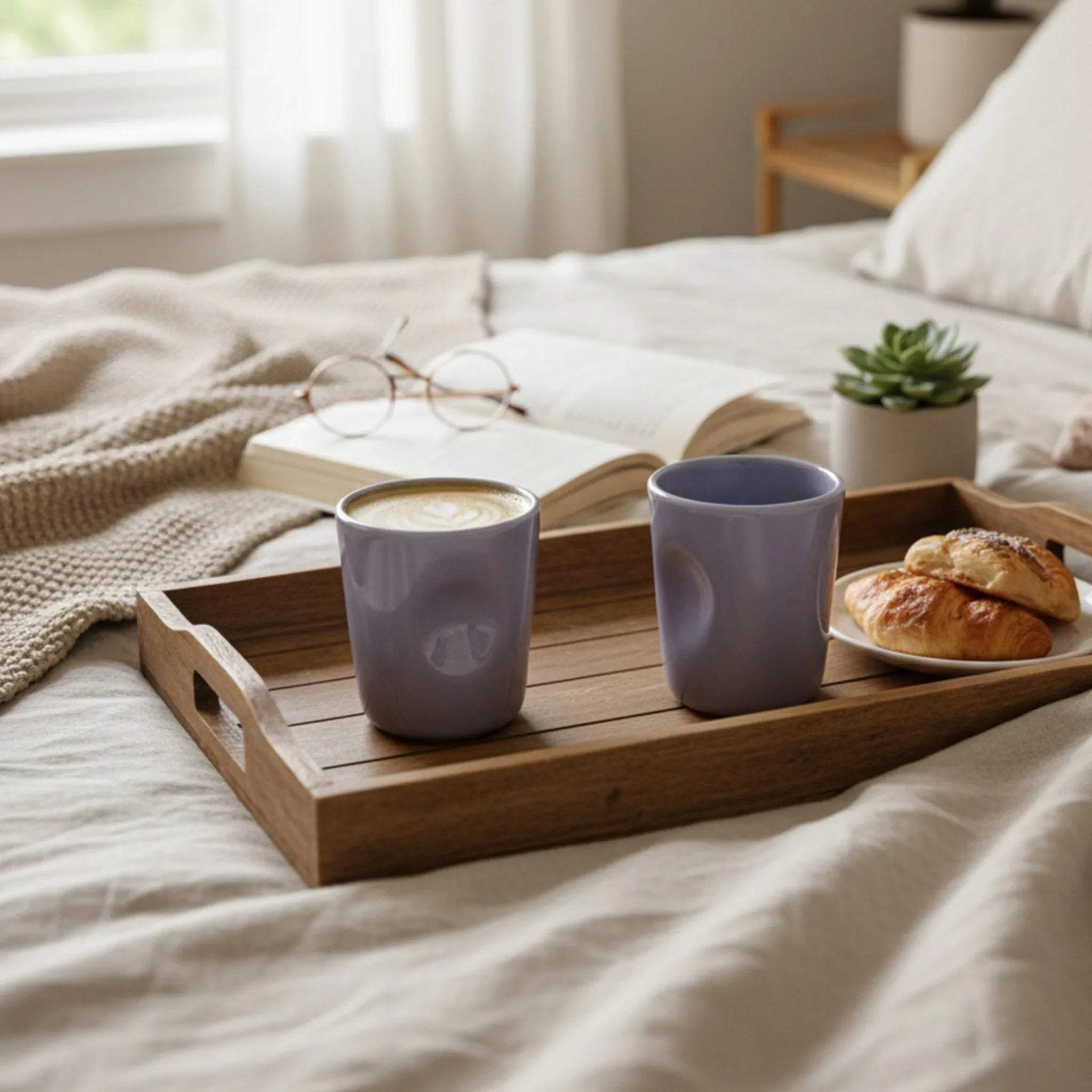 Breakfast in bed; Wooden tray with two purple glasses, a book, glasses, and pastries on a bed.