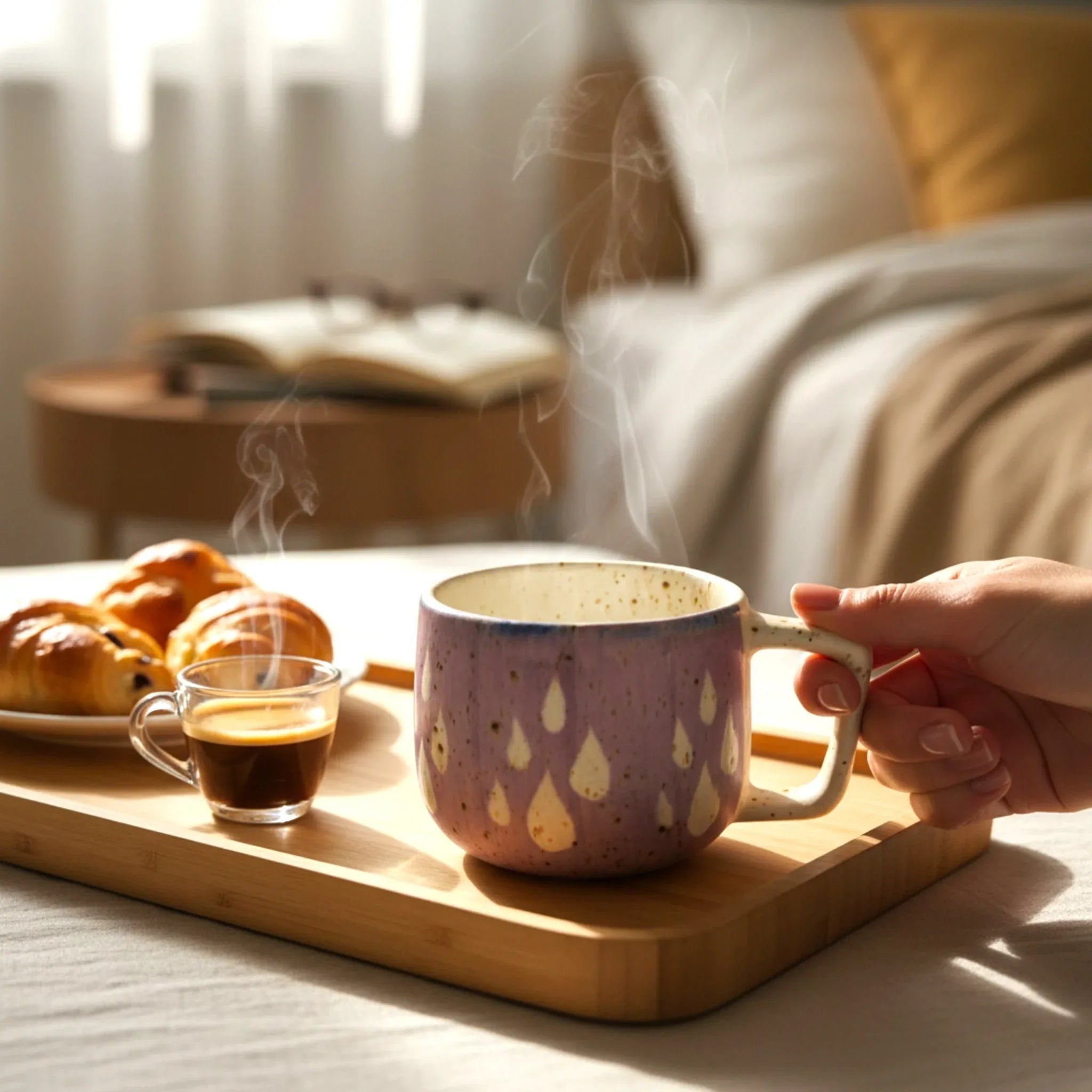 Aesthetic morning ritual; a purple Dewdrop Mug on a wooden tray next to croissant and espresso shot.