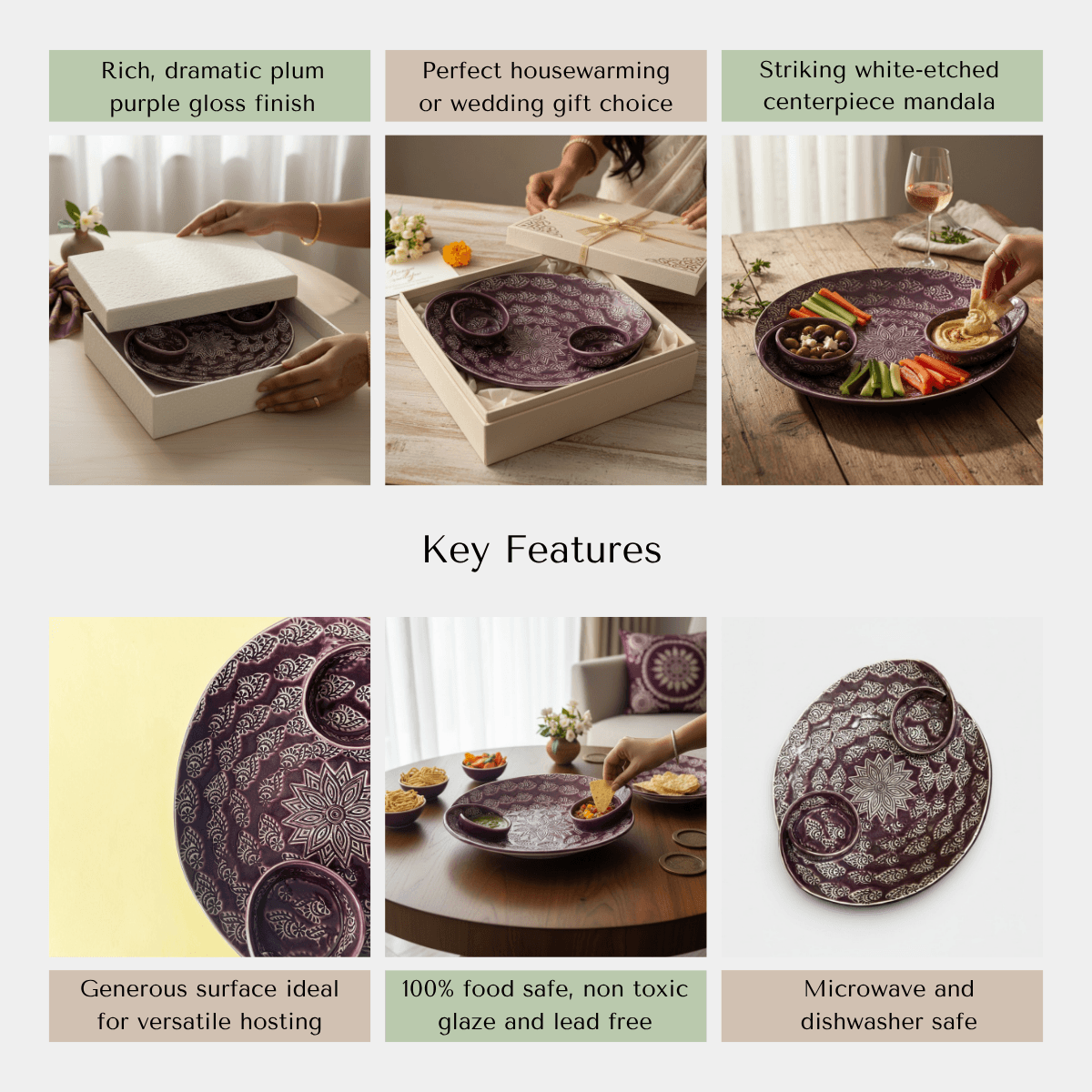 An infographic pointing out the hand-graved texture, microwave-safe stone build, and built-in dual bowls of the platter.