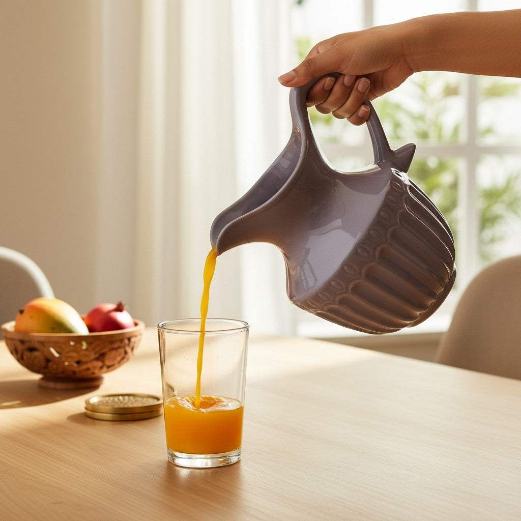 Person pouring orange juice from a purple pitcher into a glass on a wooden table.