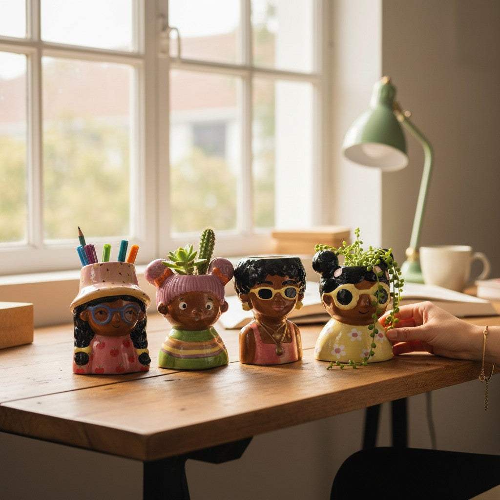 Colourful mini character bust pots utilised as unique desktop stationery organisers and pen holders on an office work desk.