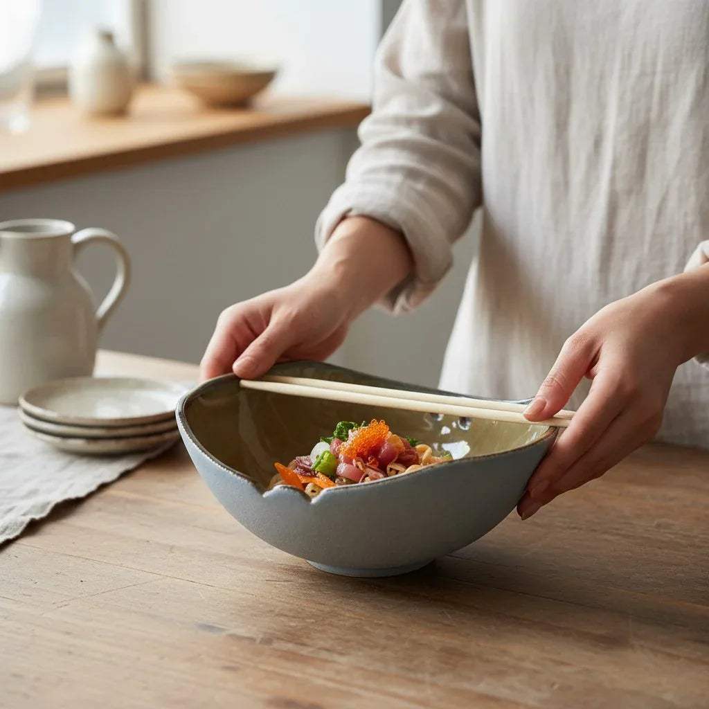 Wide-mouthed ceramic vessel designed for toppings and easy chopstick use.