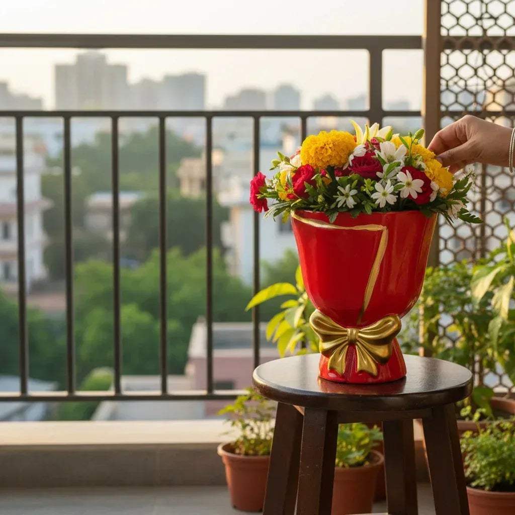 Gift-style plant display; Scarlet Bouquet planter as a centerpiece with colorful flowers on a wood table.