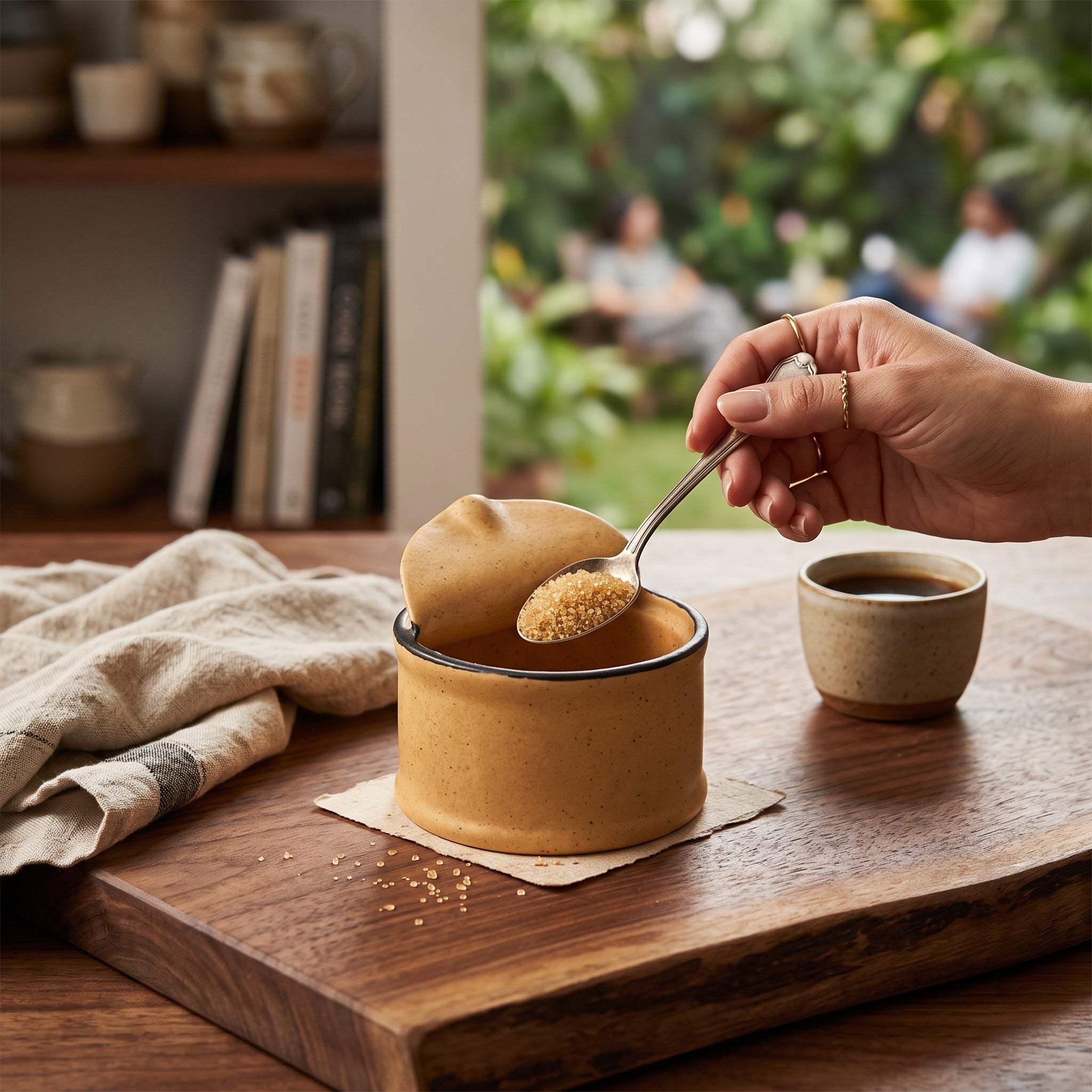 A hand holds a spoon over a small round ceramic container filled with coarse brown grains, set on a wooden board beside a cup of dark coffee in a warm, rustic indoor scene with a blurred outdoor garden background.