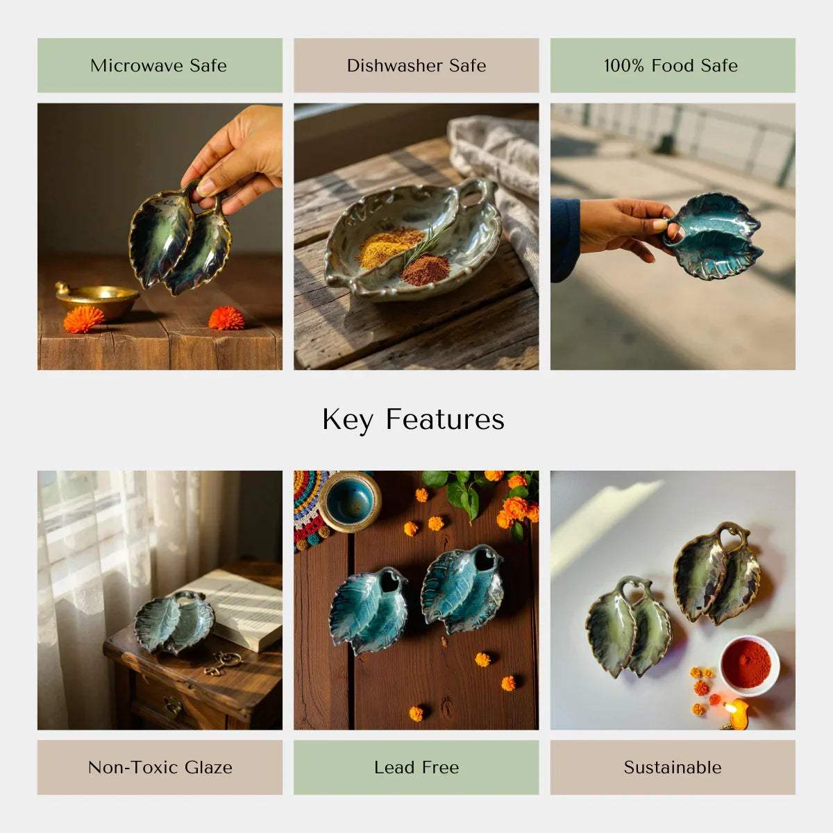 Rustic Stone quality; multi-purpose storage, artisanal detail, and petite handcrafted tabletop leaf dishes.