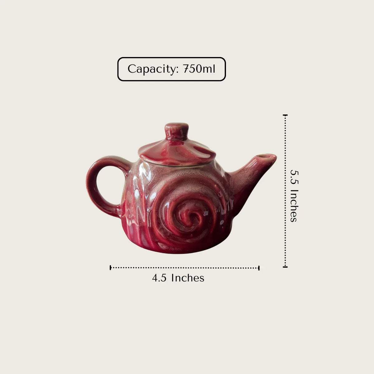 Ruby Swirl Teapot specs; 750ml capacity, handcrafted durable ceramic with a secure lid and heat-retaining body.