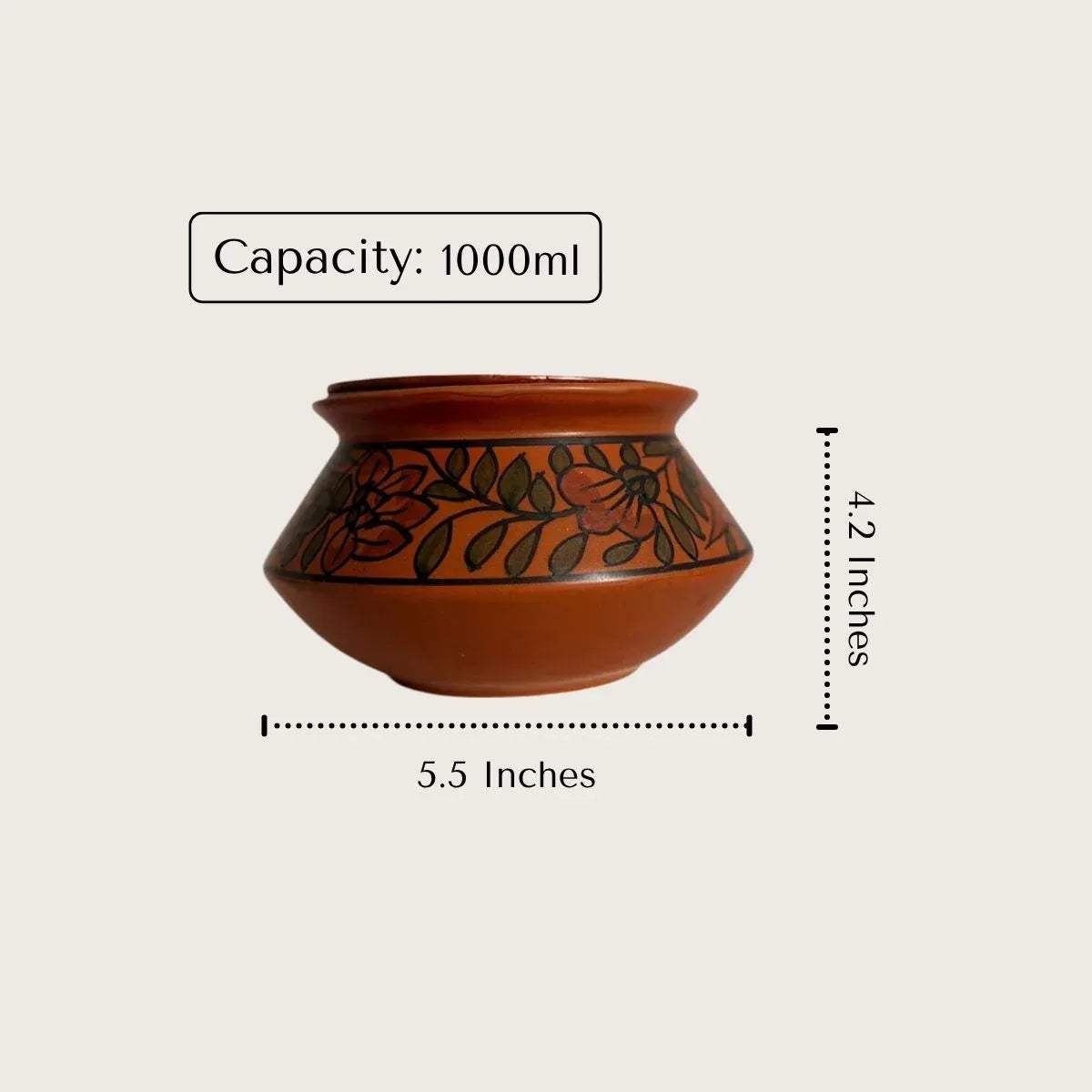 Handcrafted terracotta bowl with floral design, 1000ml capacity, 5.5 x 4.2 inches, Rustic Stone tableware.