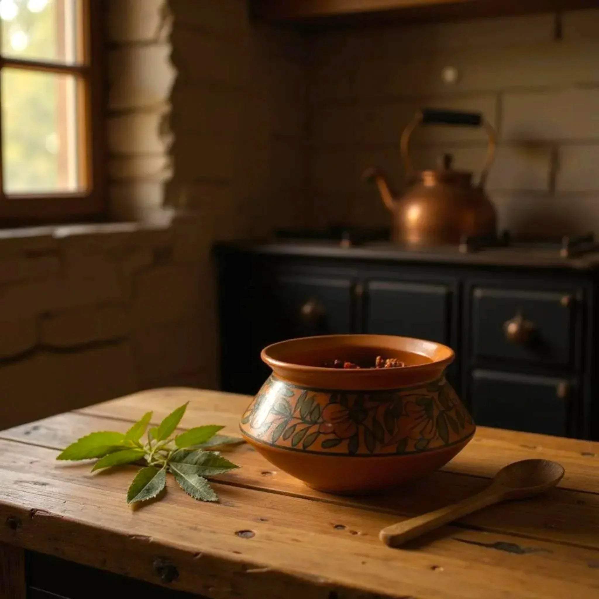 Artisan ceramic bowl with biryani on rustic wooden table, wooden spoon and leaf, cozy kitchen