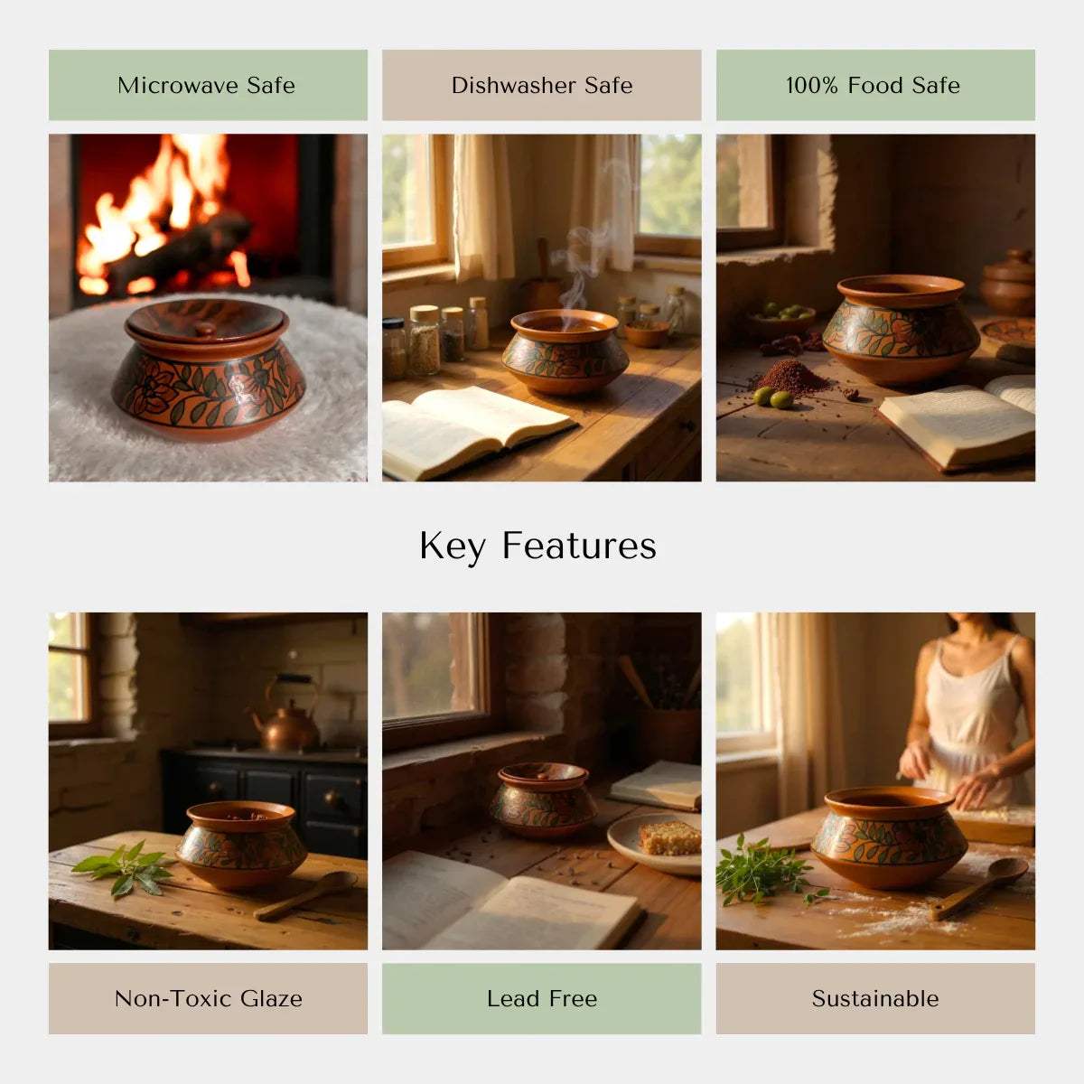 Rustic Stone artisanal tableware, handcrafted ceramic bowls with floral design, eco-friendly kitchen setting.
