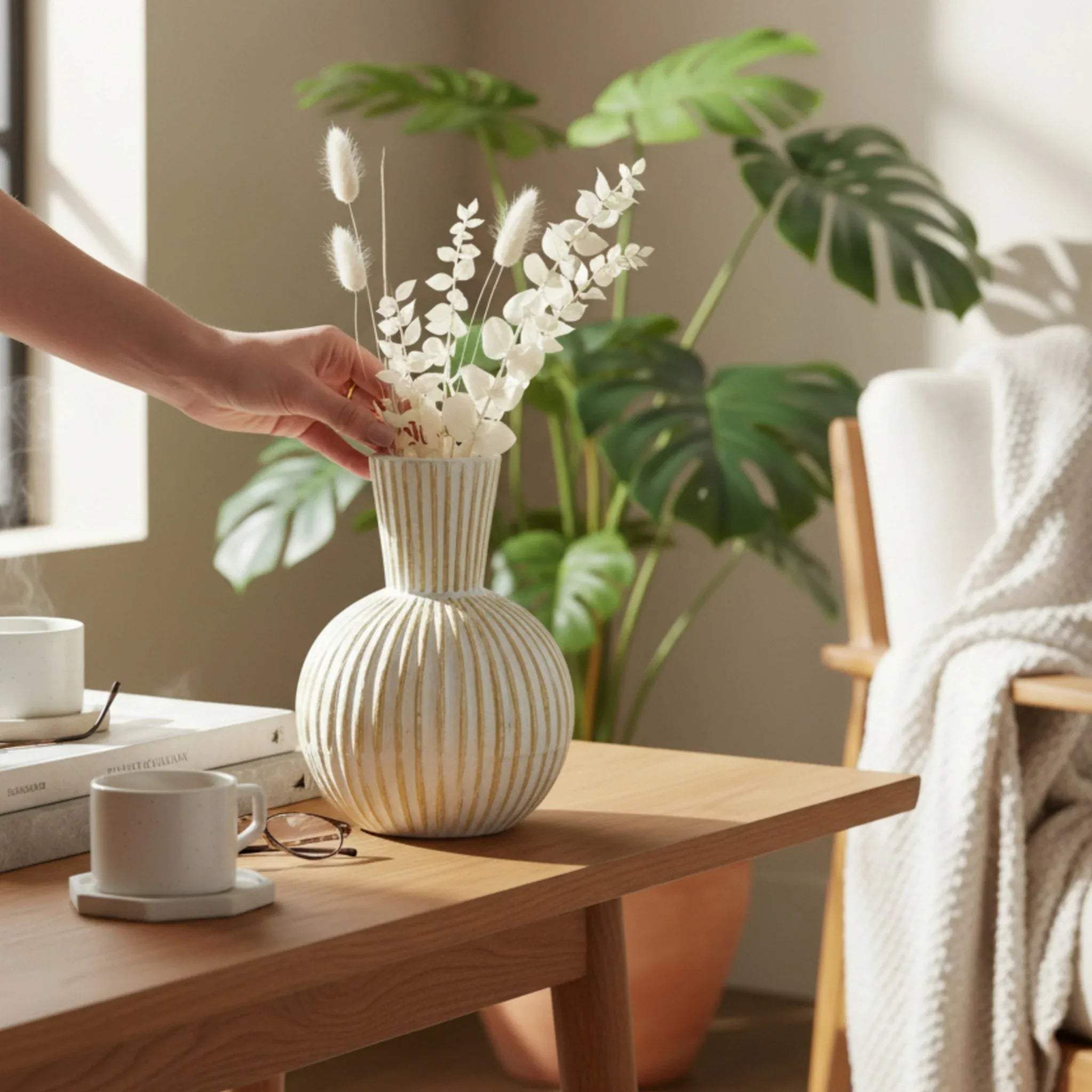 Hallway focal point; the vase styled with tall dried pampas grass on a console table near a cozy chair.