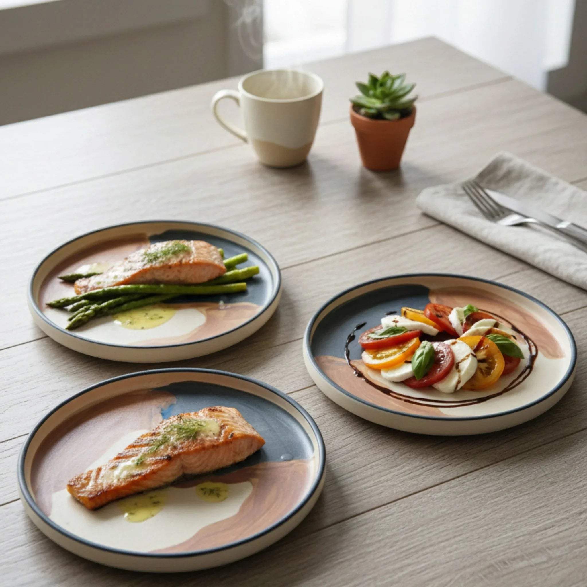Evening wind-down; the plates served with salmon and salad for healthy dinner.