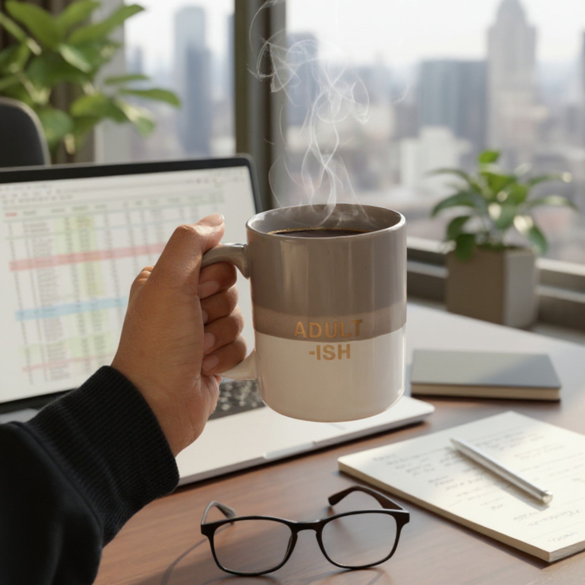 Someone holding the Adult-ish Cup in a office setting; unique birthday gift for 21st or 30th birthdays and funny office mug.