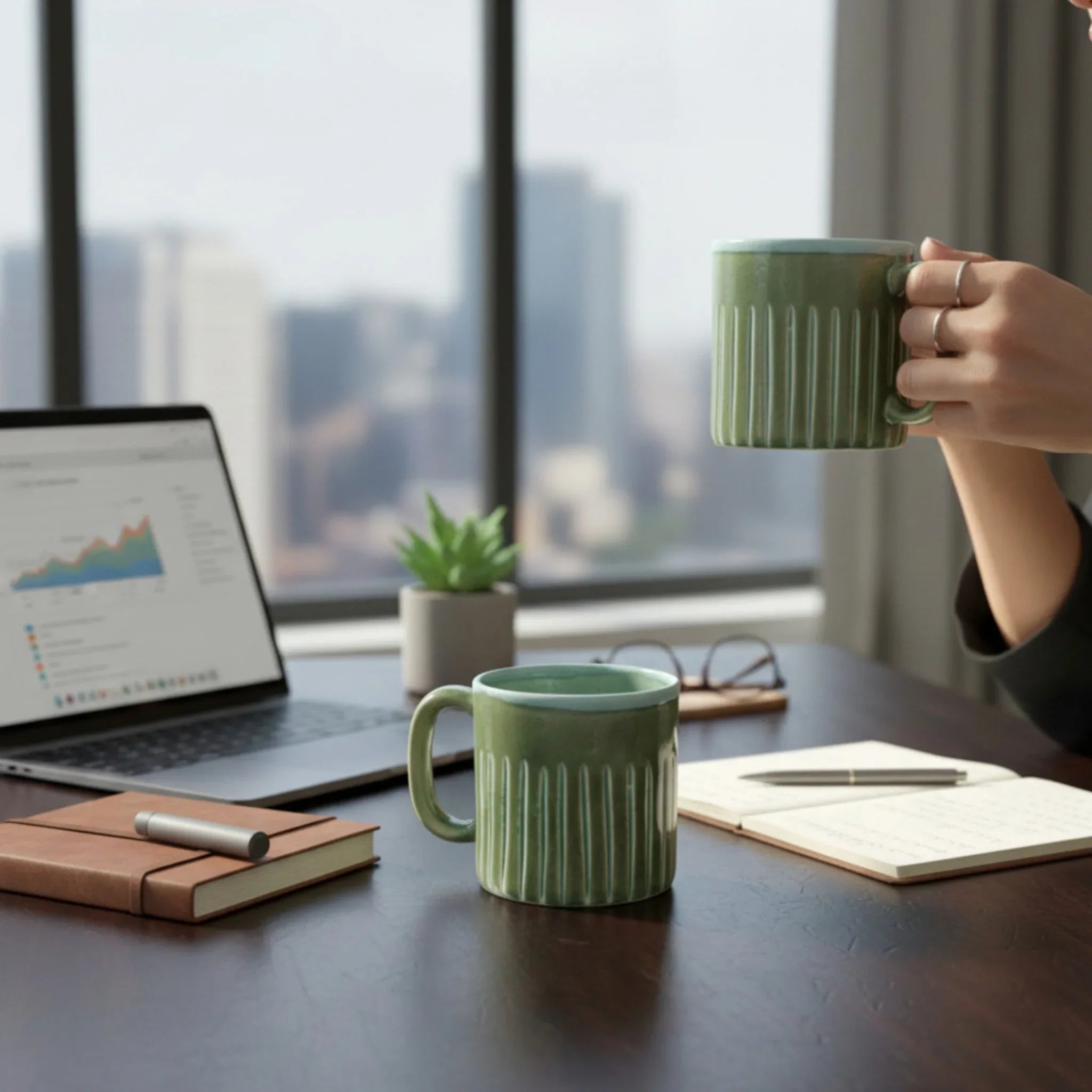 Trendy desk setup with Rustic Stone Cacti Mug; 320ml aesthetic green cup for a creative workspace.