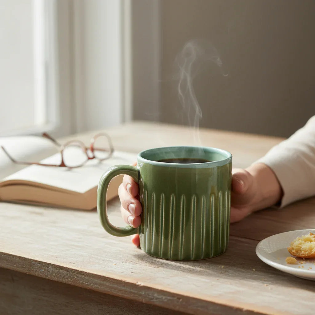 Rustic Stone Cacti Rib Mug; aesthetic Pinterest inspired moss green ceramic coffee mug with vertical ridges.