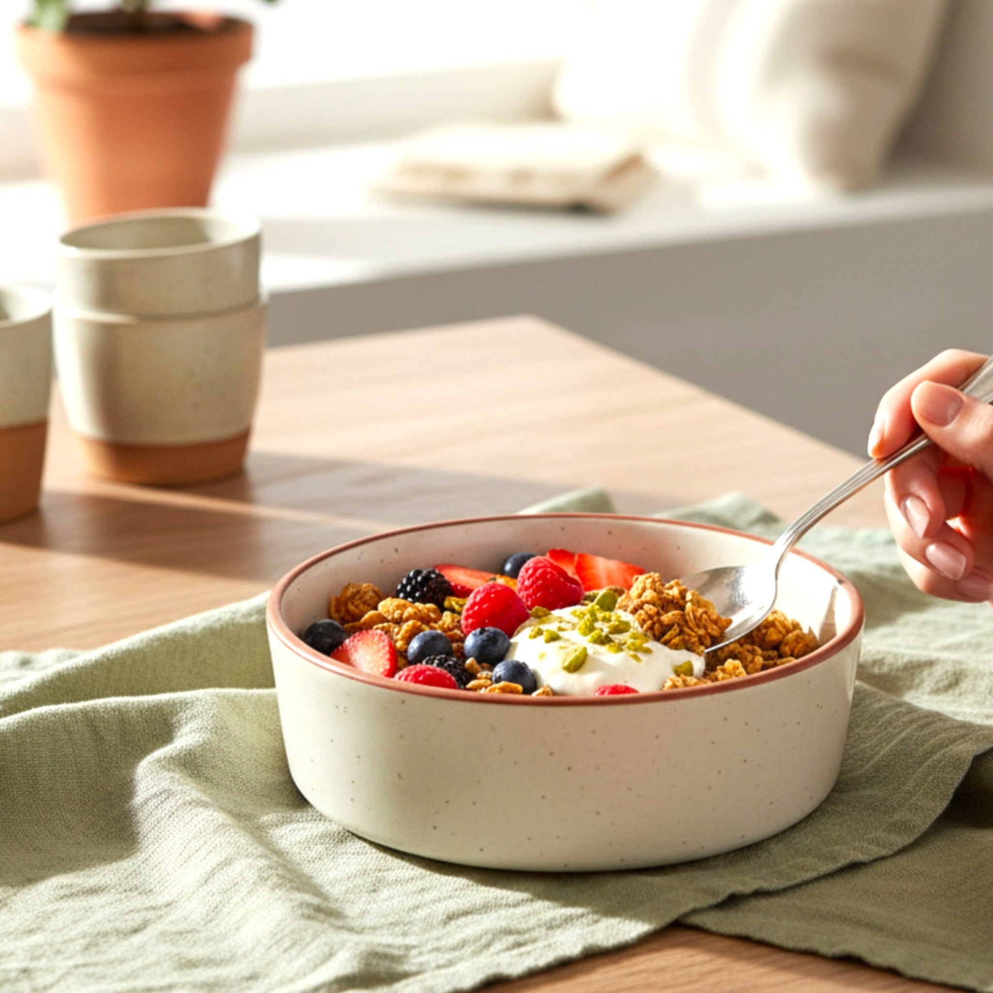 rustic stone almond and ivory breakfast bowl, handcrafted ceramic with matte white finish and brown border.