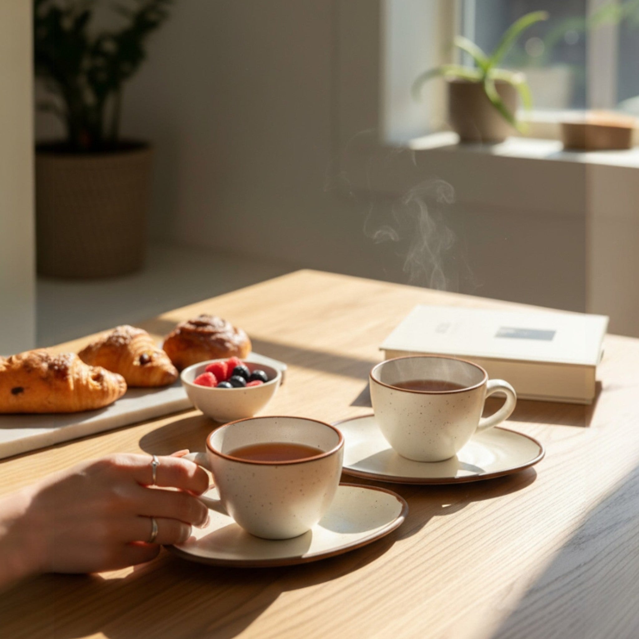 rustic stone almond and ivory espresso set, handcrafted ceramic cups and saucers