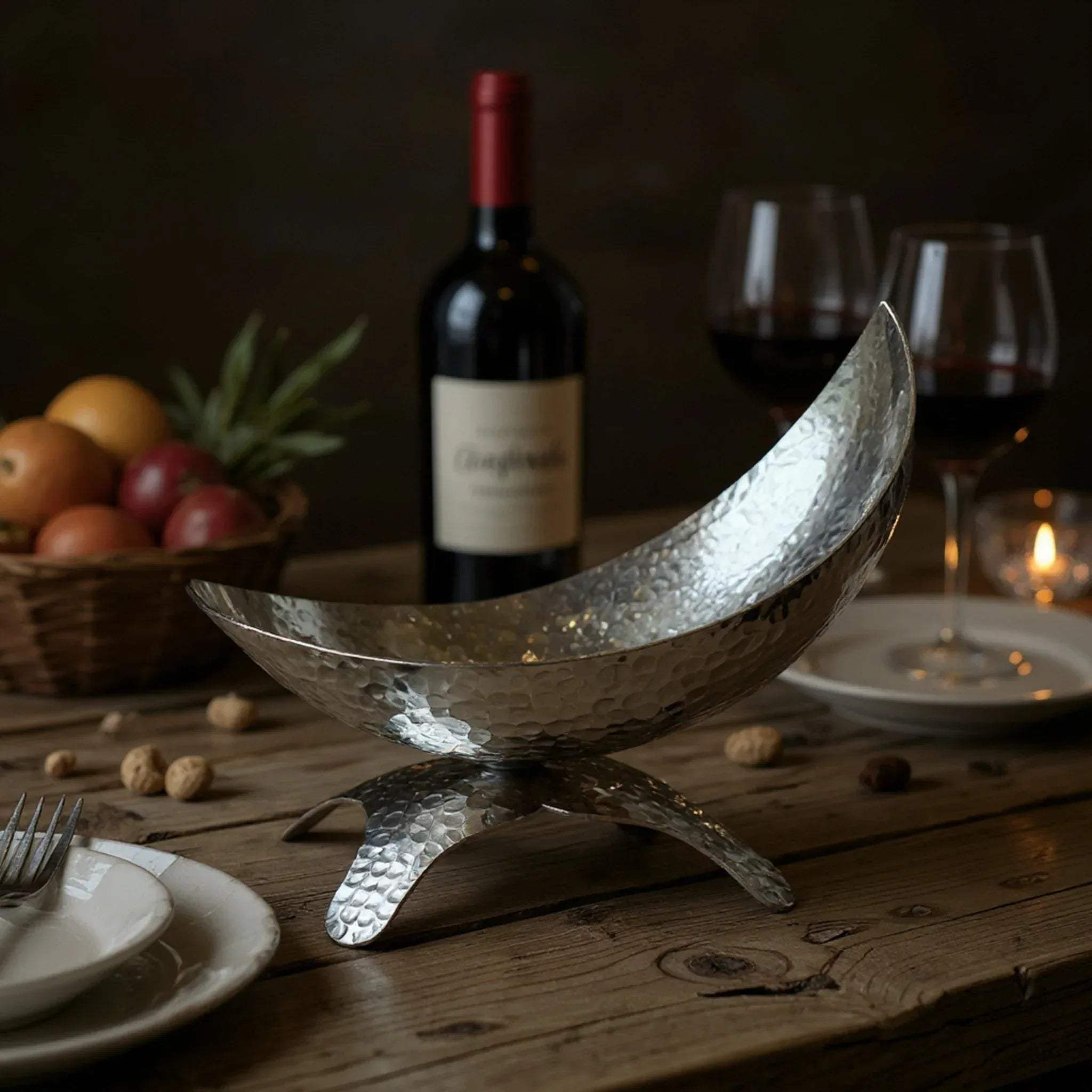 Pinterest-worthy dinner date table setup with Crescent Harmony Medium Bowl and a wine bottle