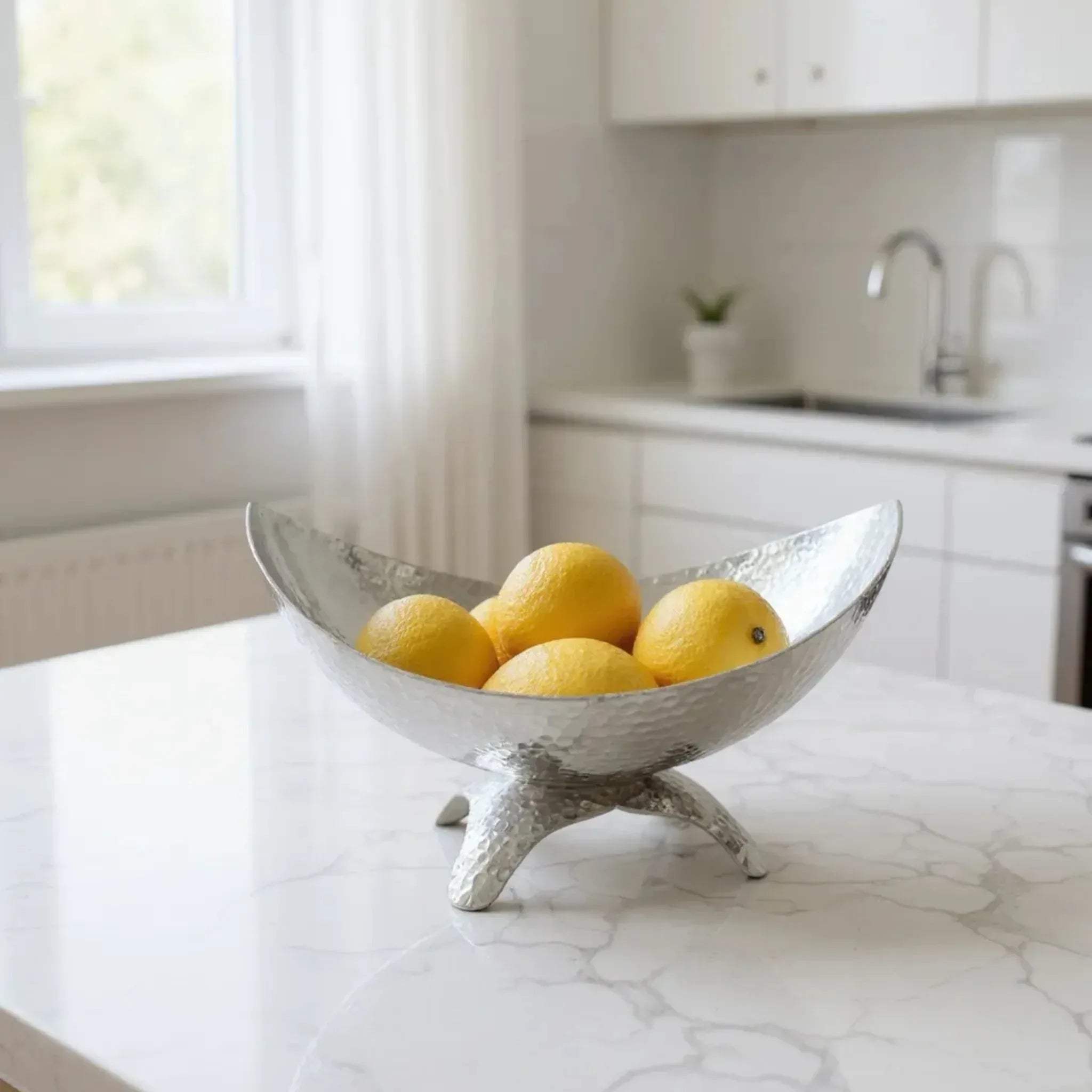 Aluminium bowl with lemons; unique housewarming gift and durable metal centerpiece for dining tables.