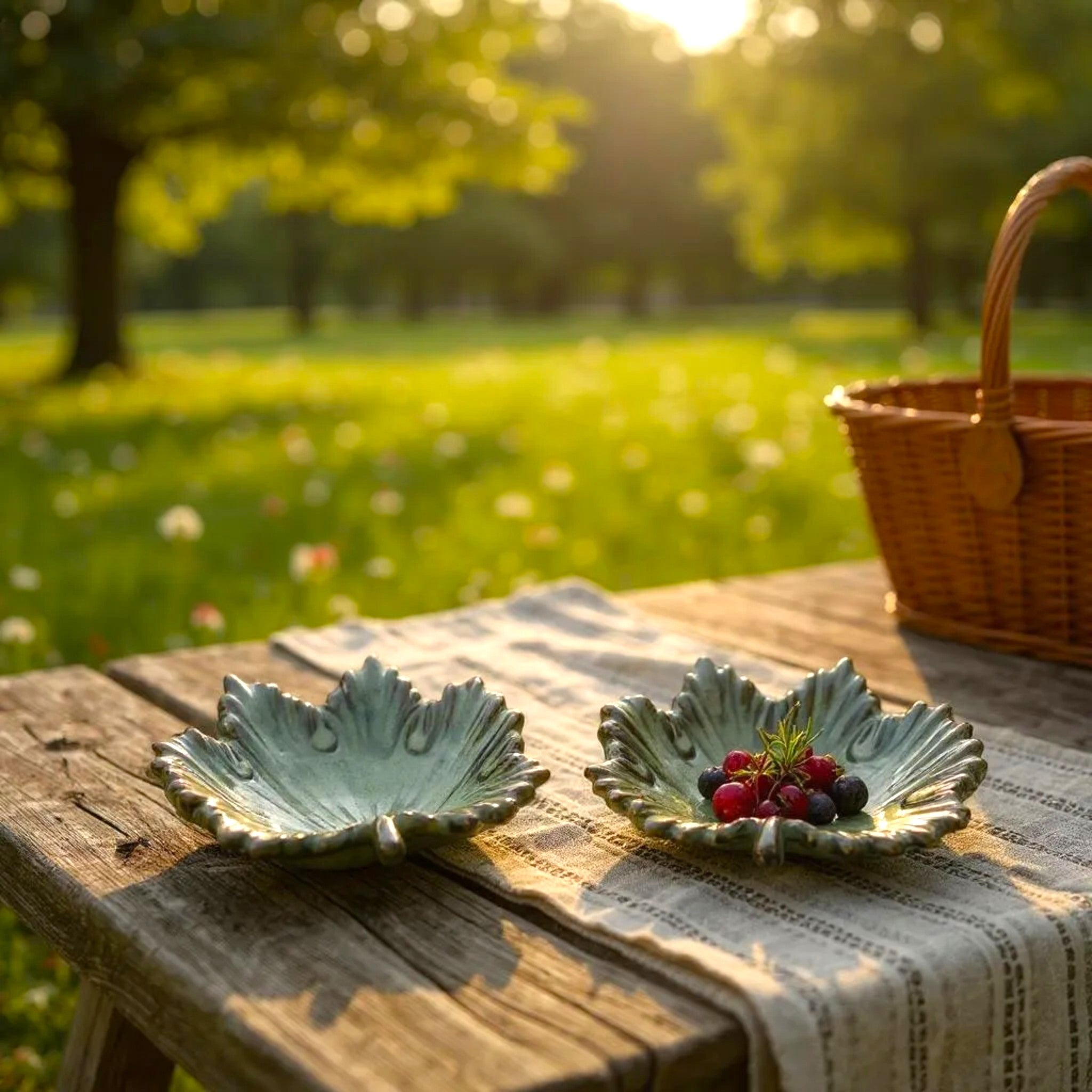 Two green leaf shaped ceramic bowls in outdoor picnic setup