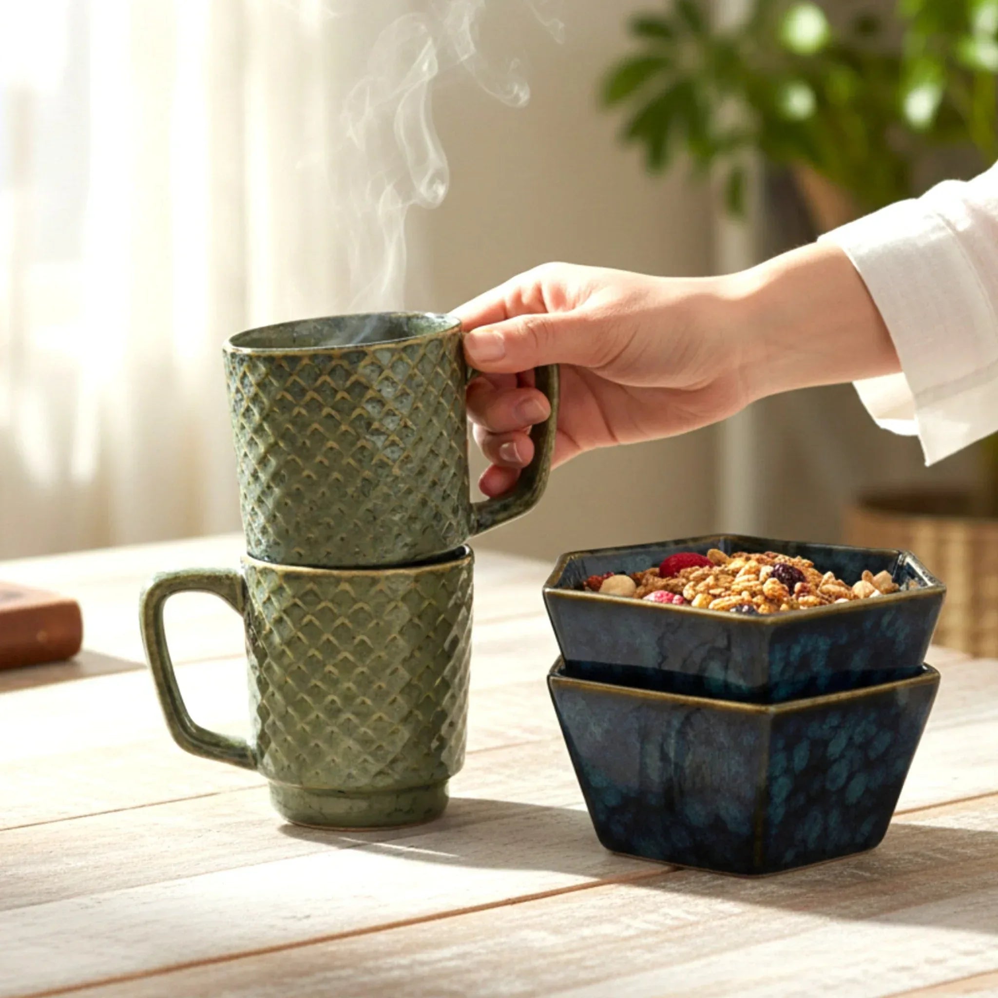 Person holding a green textured ceramic mug with a stack of hexagonal ceramic blue bowls on a wooden table.