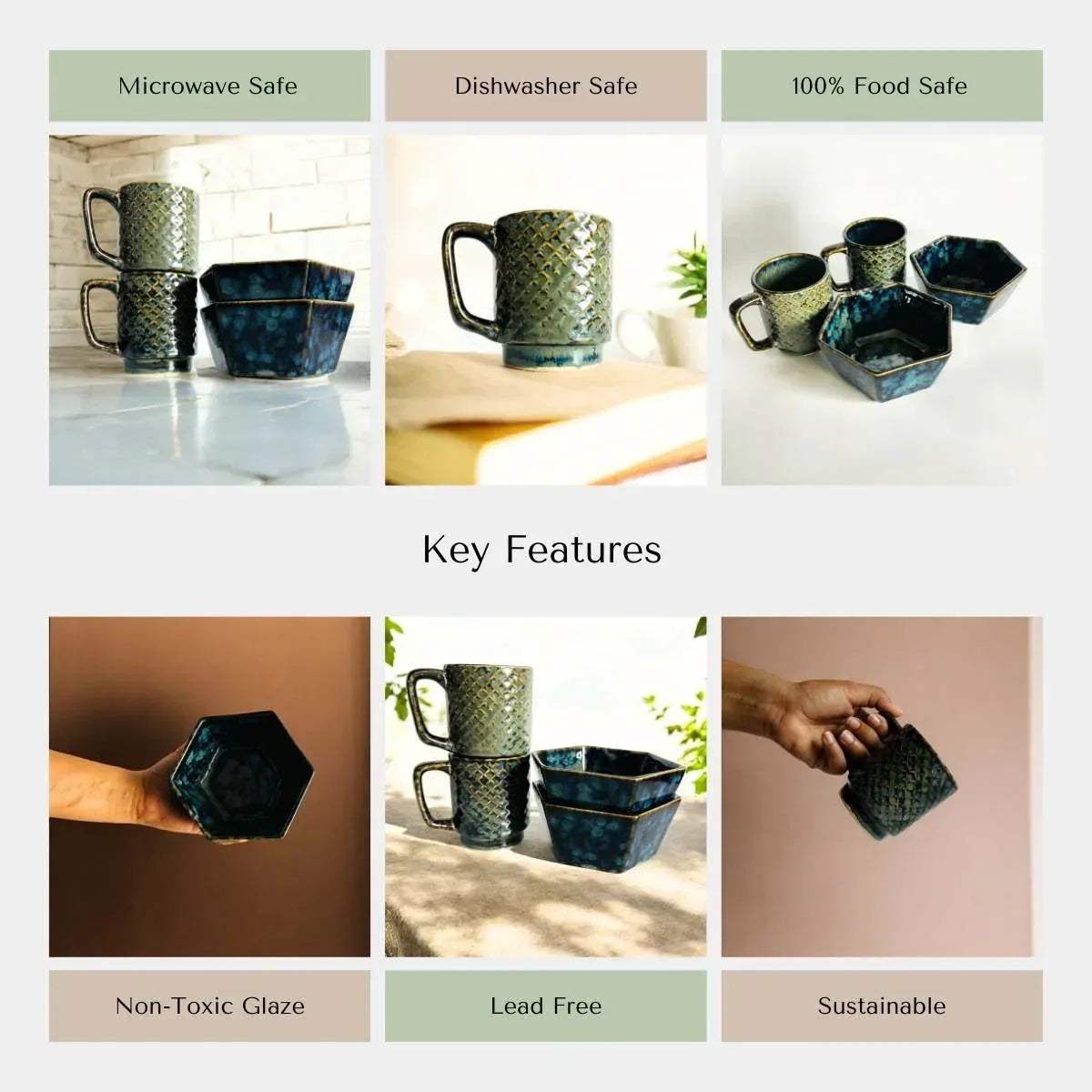 Collage of ceramic mugs and bowls with key features highlighted like microwave and dishwasher safe