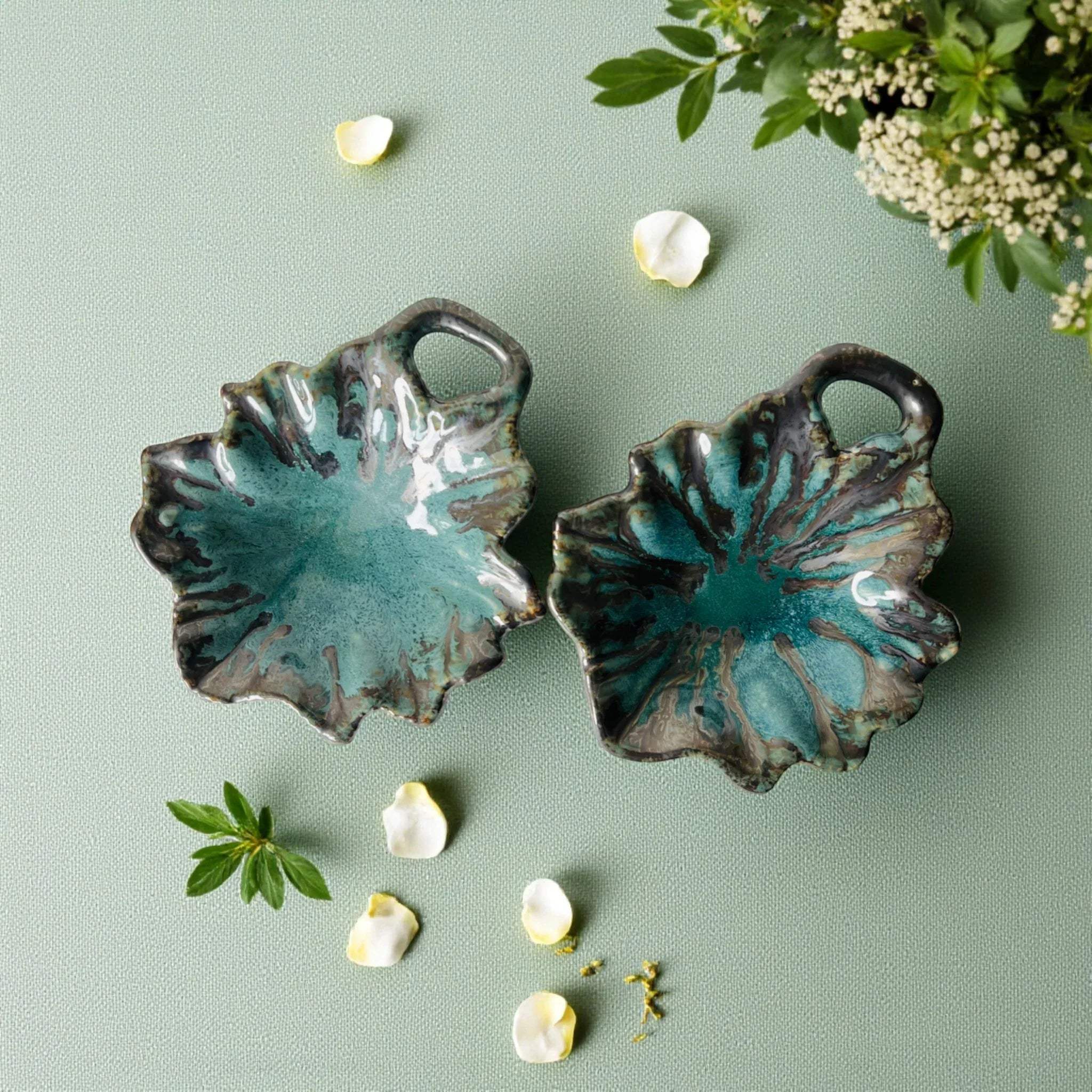Rustic Stone Broad Leaf Trinket Dish; blue ceramic leaf bowls for home organization and nature-inspired decor