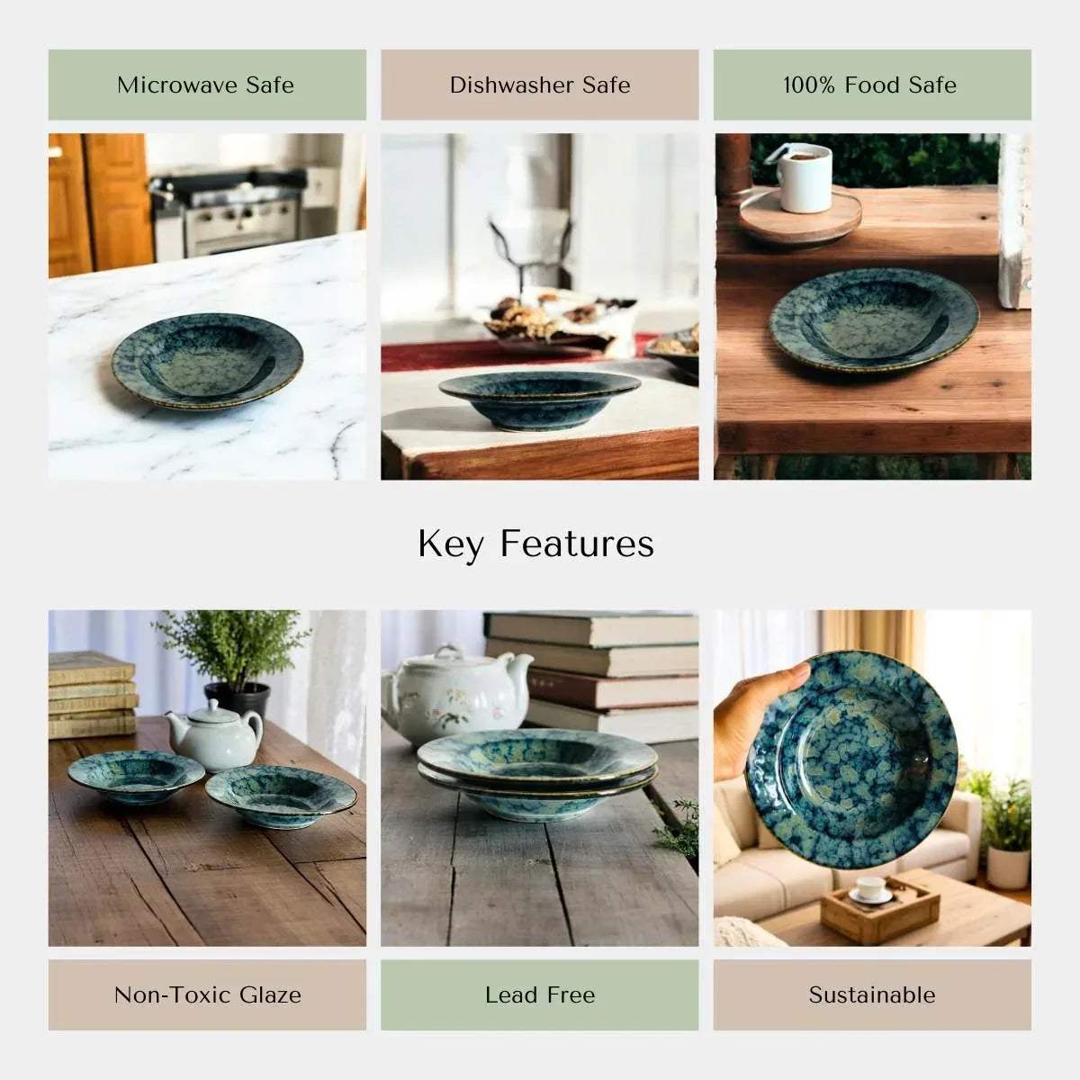 Rustic Stone artisanal blue-green ceramic pasta bowls, microwave and dishwasher safe, sustainable.