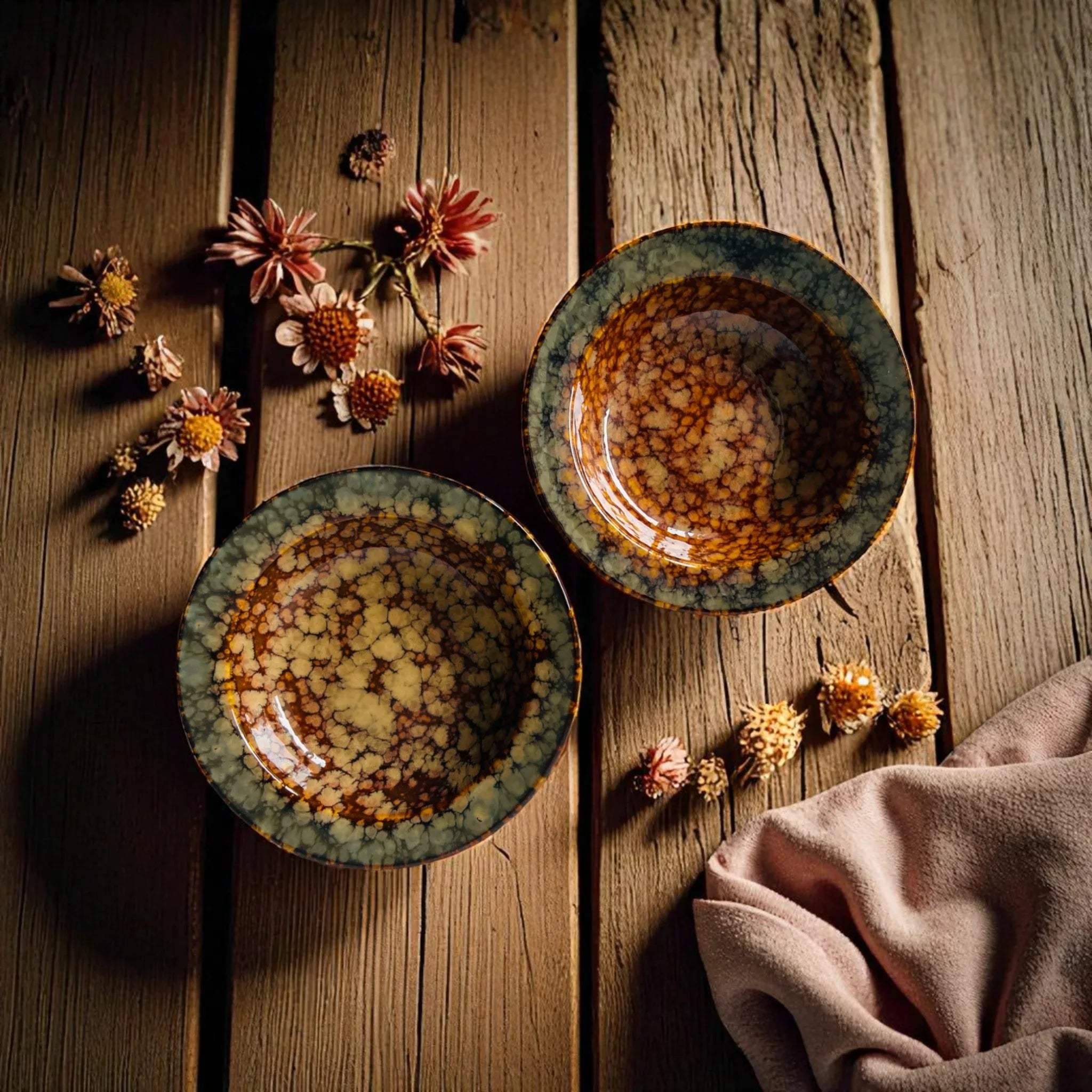 Rustic Stone Blue Ridge Noodle Plate Set of 2 handcrafted ceramic plates / bowls with a speckled blue mountain-inspired glaze.