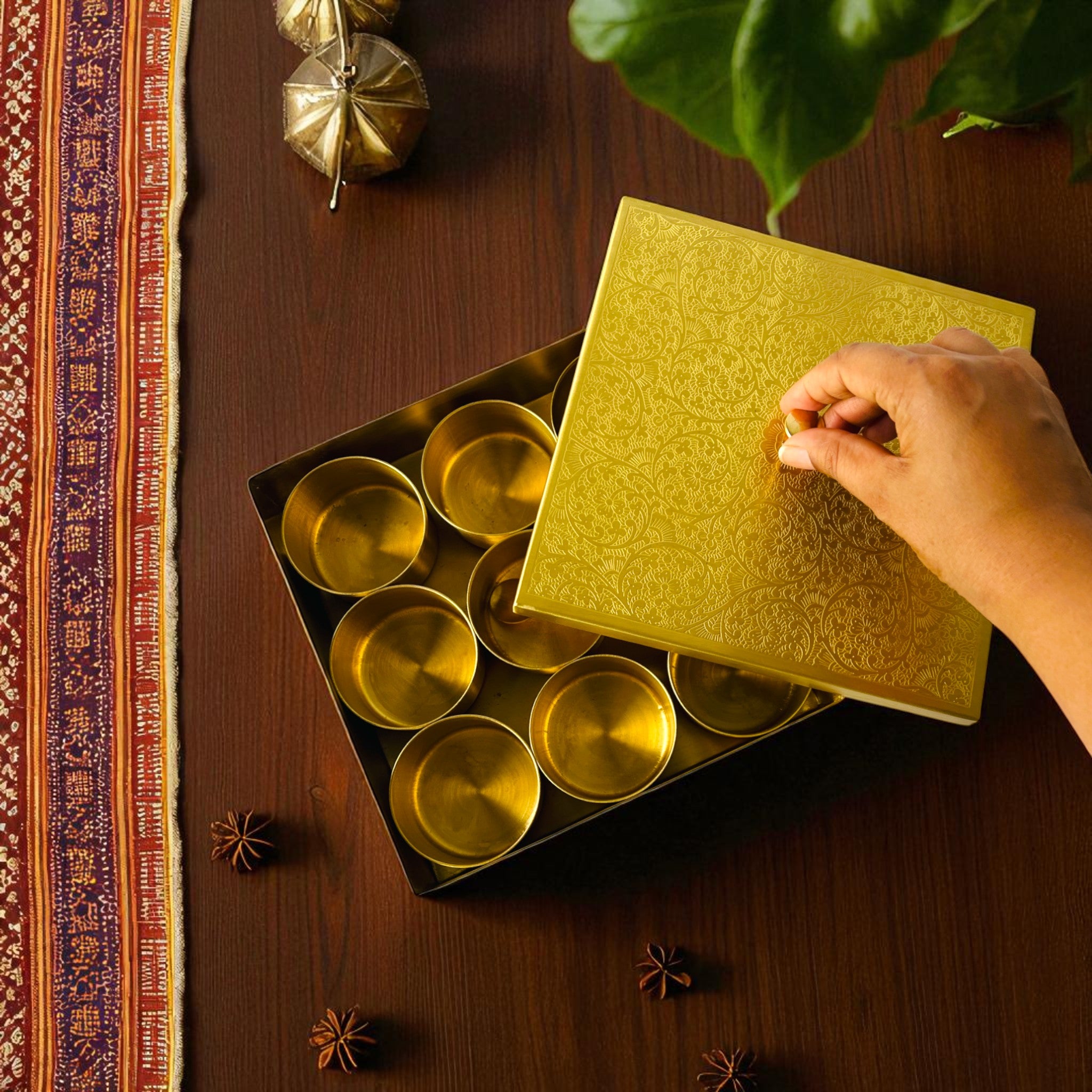 Rustic Stone Brass Spice Vault; hammered metal box for heritage kitchen decor and luxury culinary gifts.