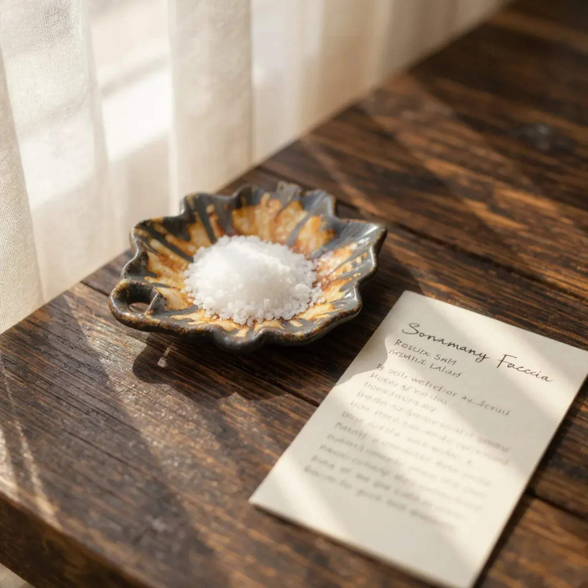 Brown leaf dishes as salt bowls; unique housewarming gift idea and botanical-themed tablescape inspiration.