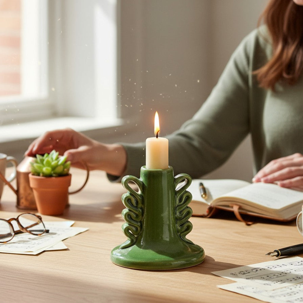 Rustic Stone Cacti Light Holder; green ceramic candle holder for desert-inspired home decor & gifting.