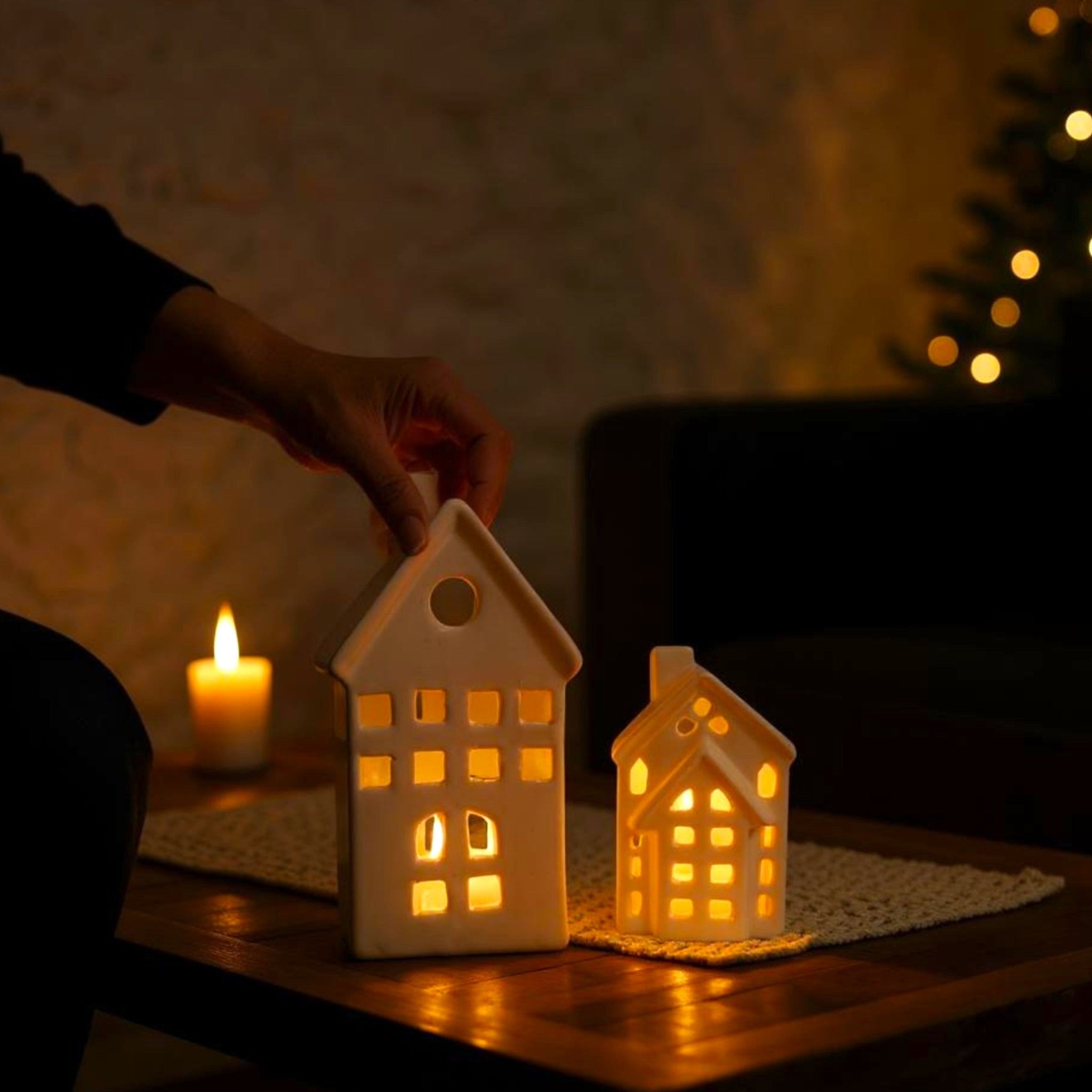 Rustic Stone Candle Cottage Set; white ceramic house tea light holders for cottagecore home decor & gifting.