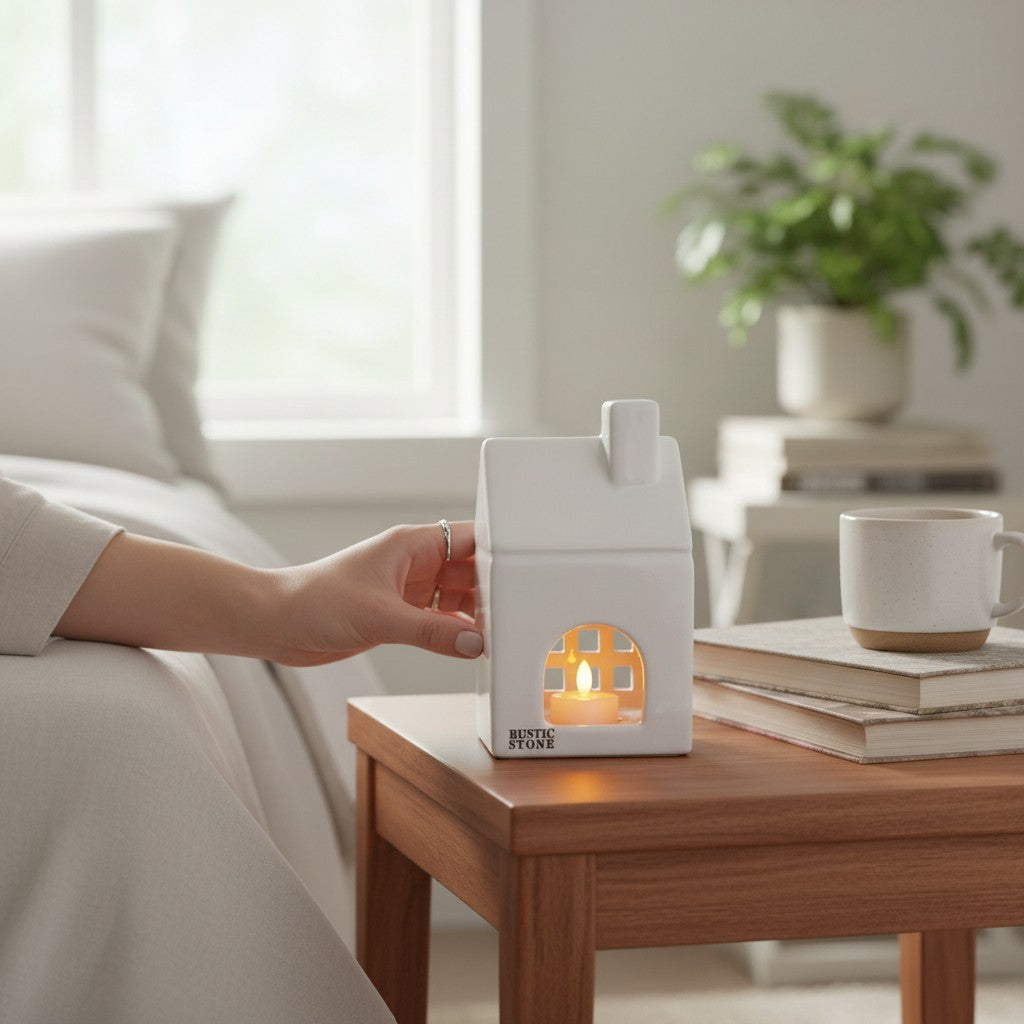 Back view of the candle cottages, slim profile for narrow shelf styling and apartment decor ideas.