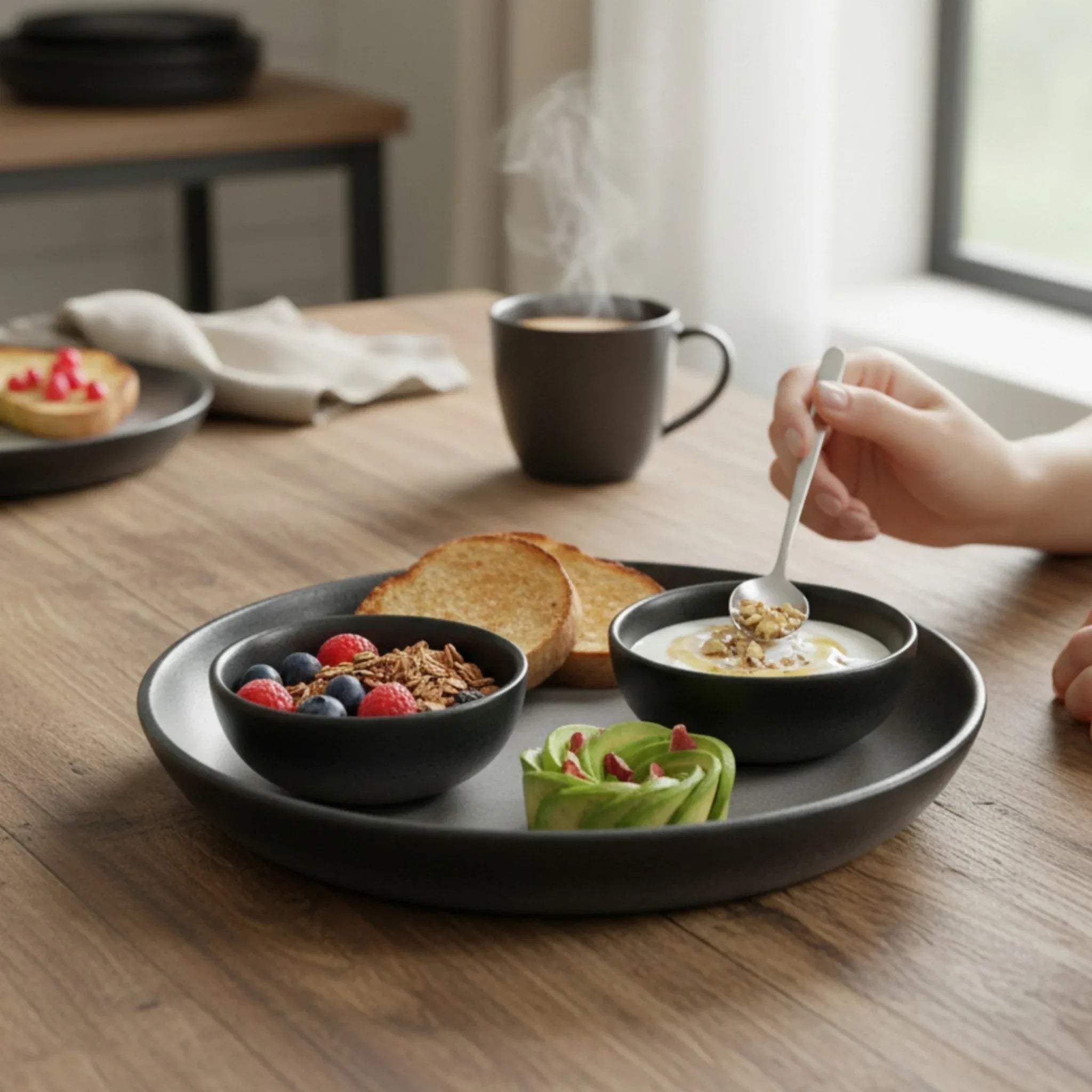 Rustic Stone Charcoal Cascade Rice Bowls; dark grey ceramic bowls for minimalist kitchen styling & gifting.