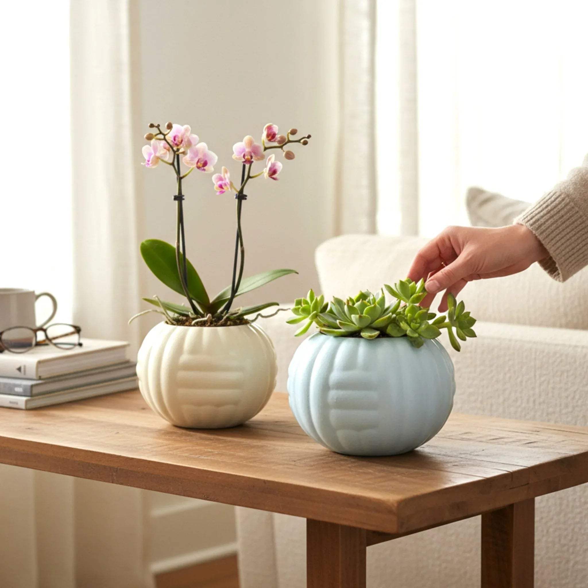 Rustic Stone Chic Cloud Planters; white and blue wavy ceramic pots for modern home decor and plant gifting.