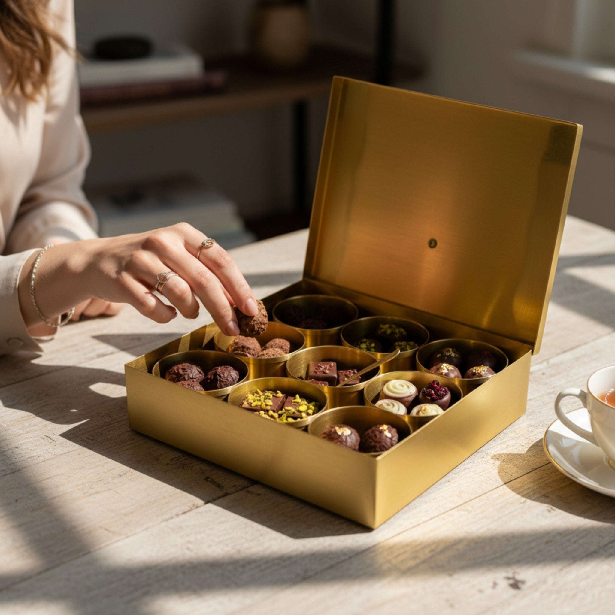 Brass spice box filled with chocolates and sweets; Pinterest worthy setup for hosting 