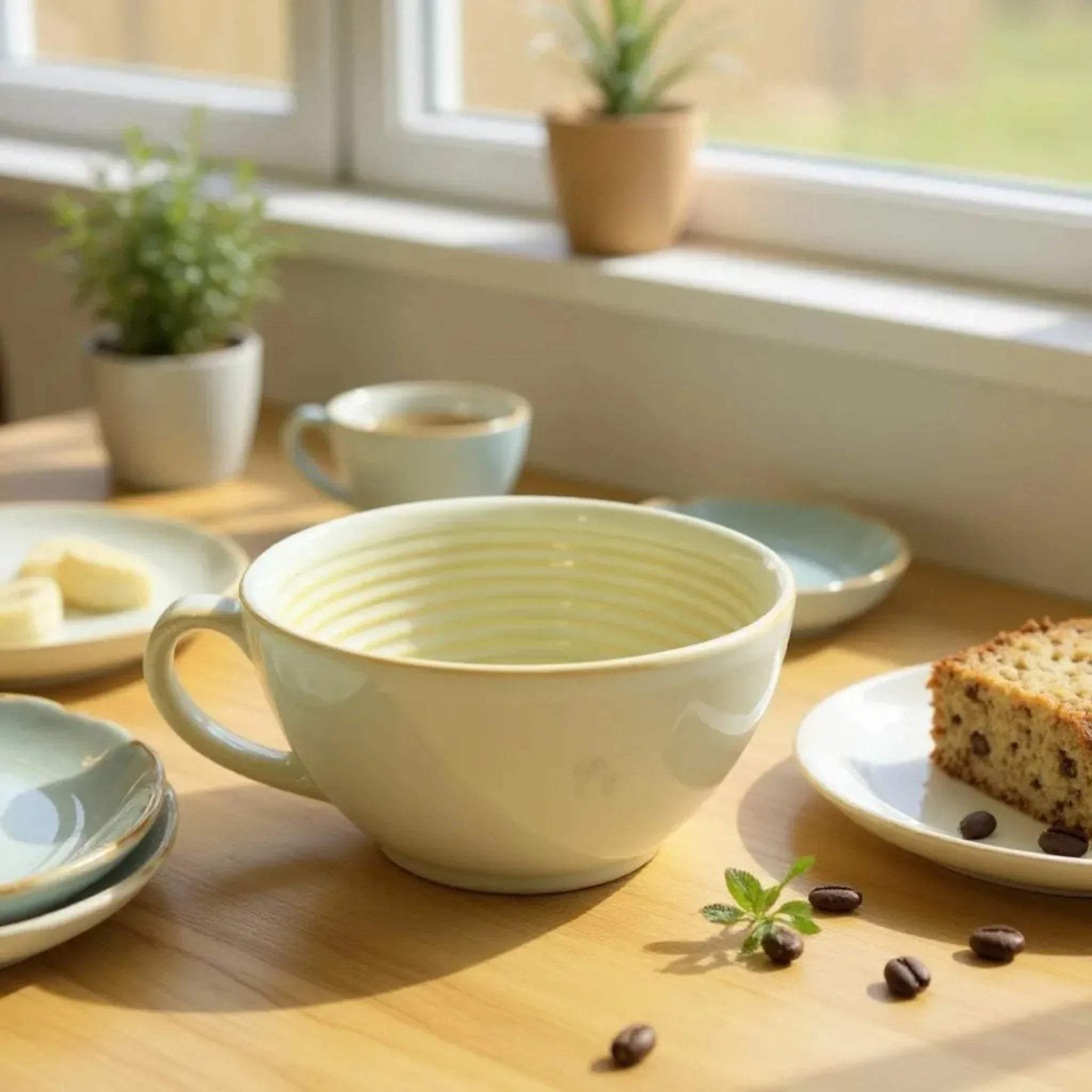 Coffee cup with pastries; unique housewarming gift for couples and cheerful kitchen decor ideas.