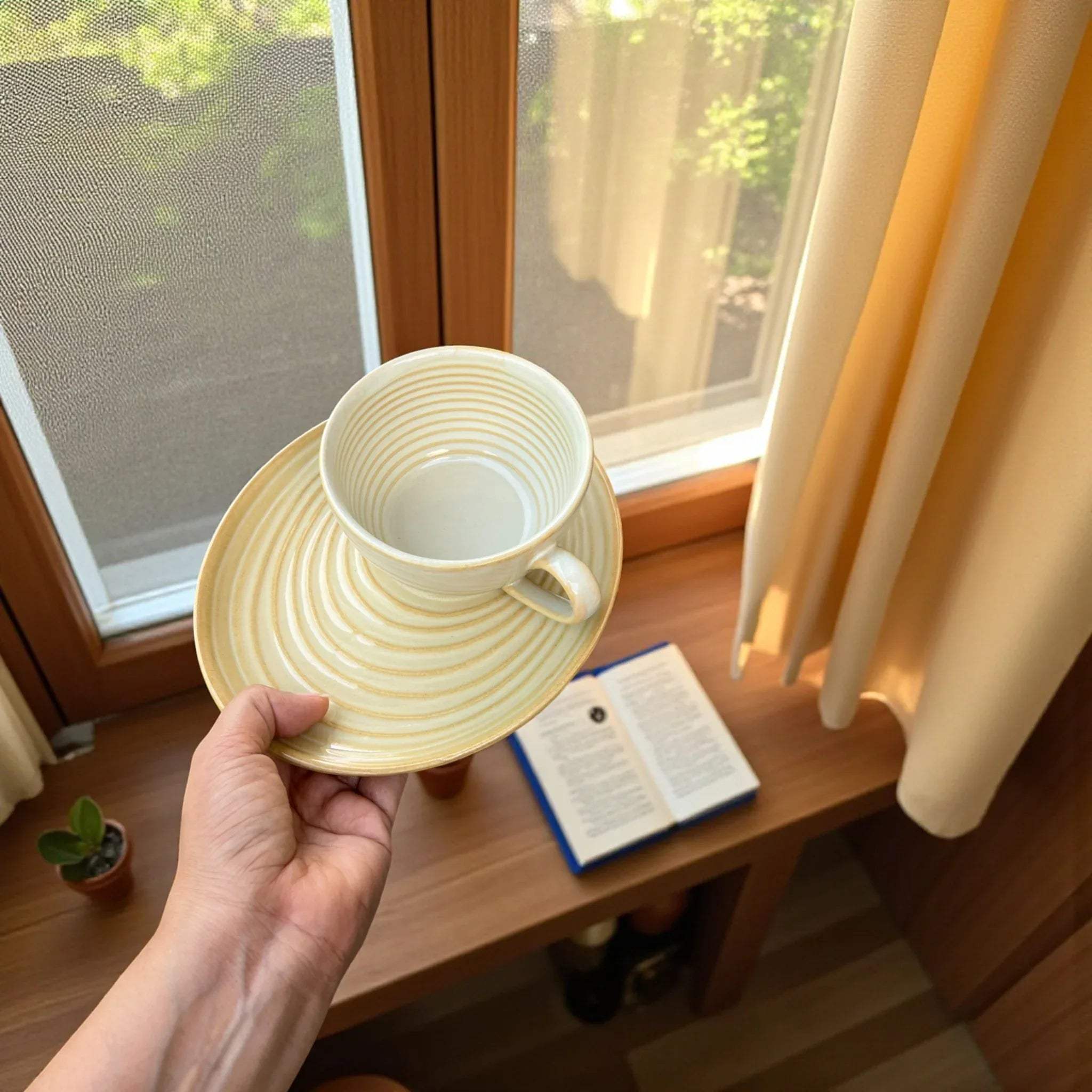 Citrine Mug and Saucer held in hand; ergonomic handle design and perfect size for latte art or herbal tea.