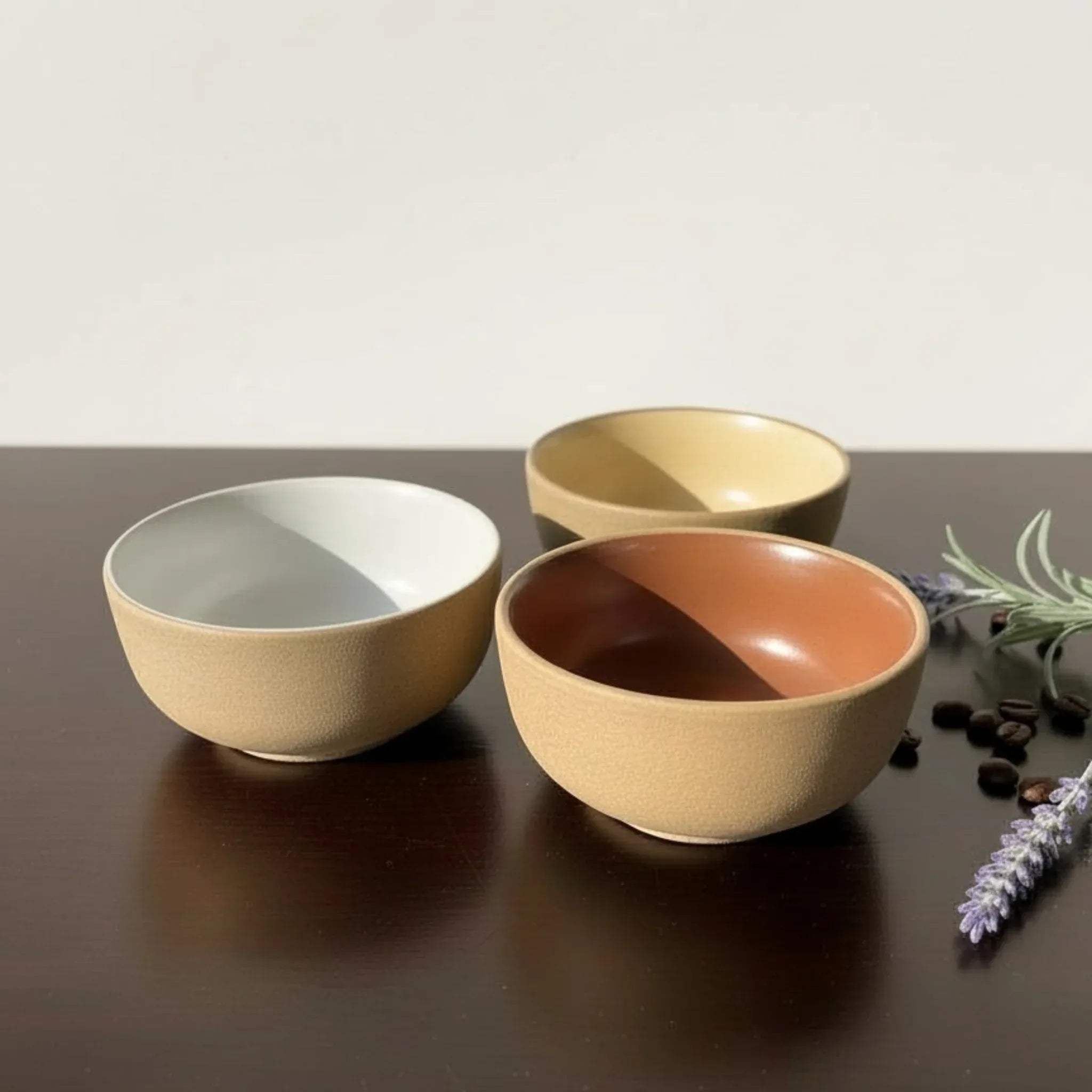 Rustic Stone Clay Horizon Bowls; set of 6 earth-toned ceramic dip bowls for tapas and kitchen organization.