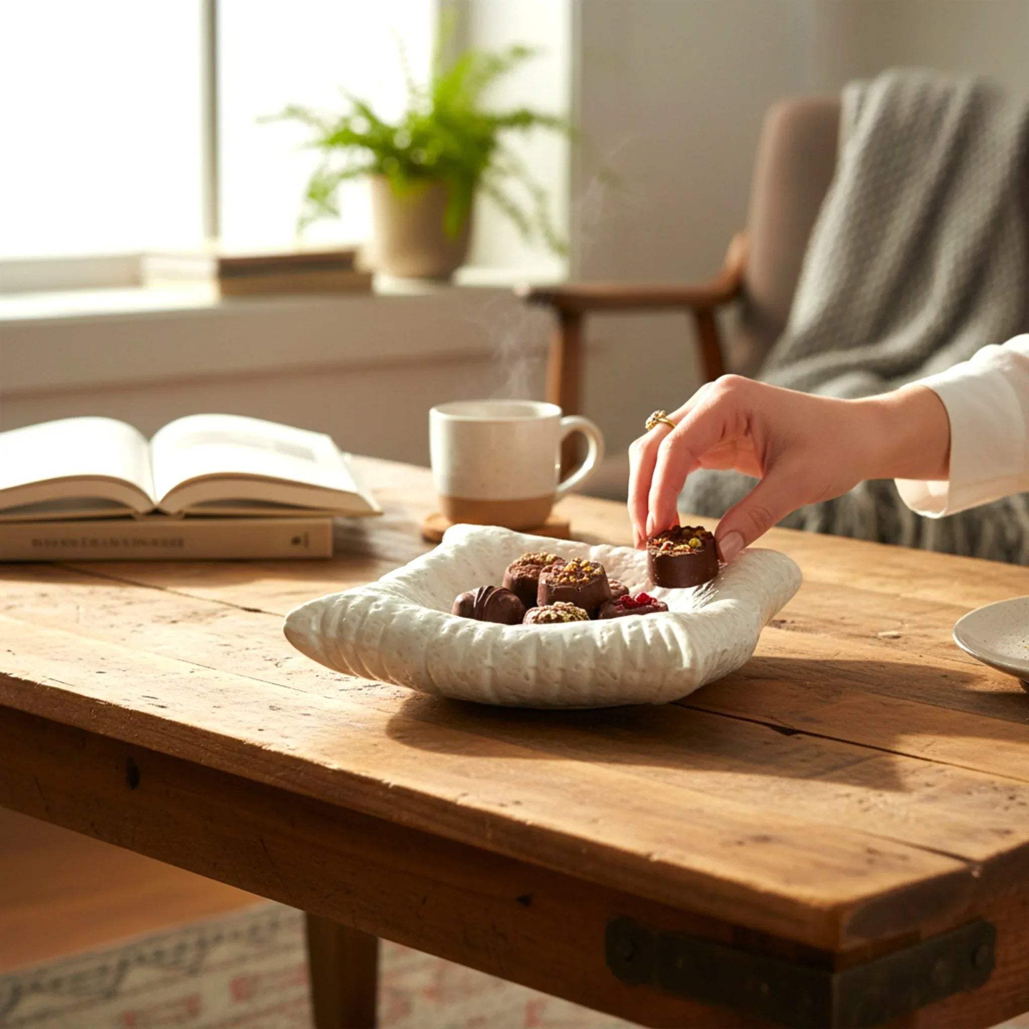 Cloud Cushion Platter next to a coffee mug filled with chocolates; ideal size for appetizers or bedside trinkets.