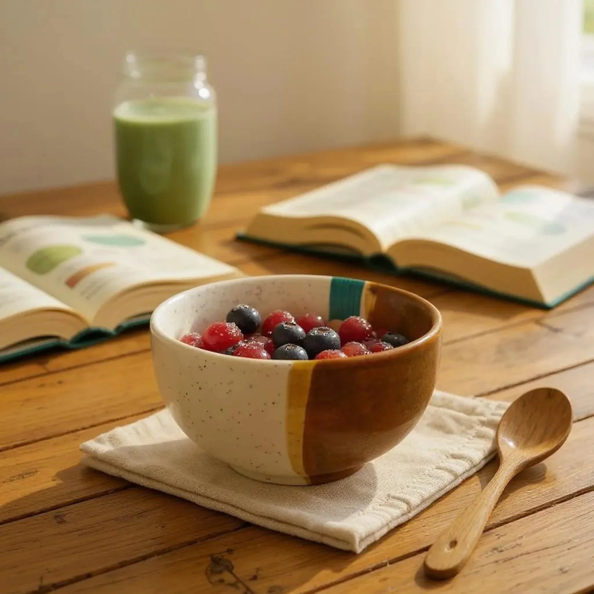 Rustic Stone artisanal bowl with berries, wooden spoon, and books on a wooden table.