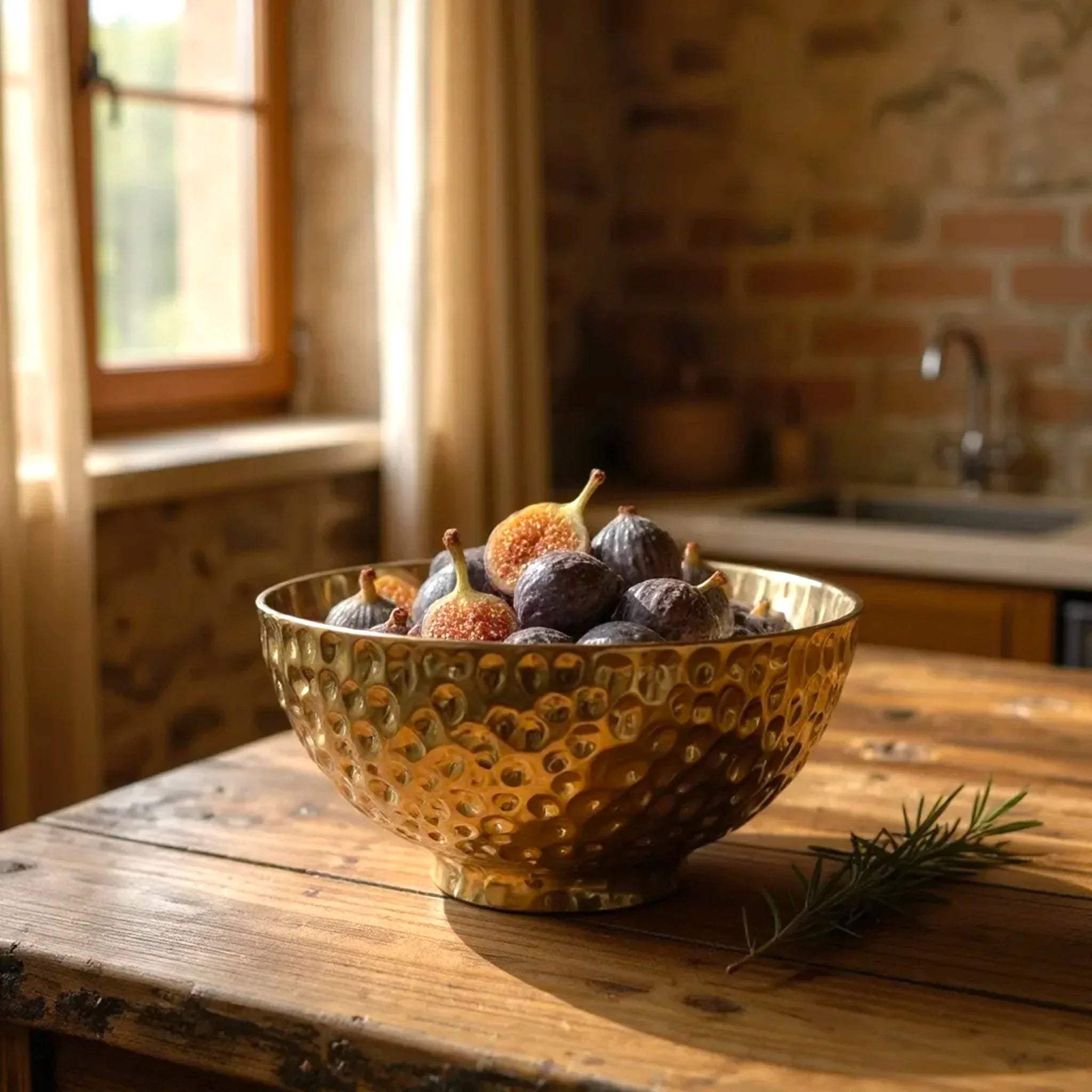 Metallic serving bowl as a centerpiece; luxury wedding gift and sophisticated home decor for hosts.